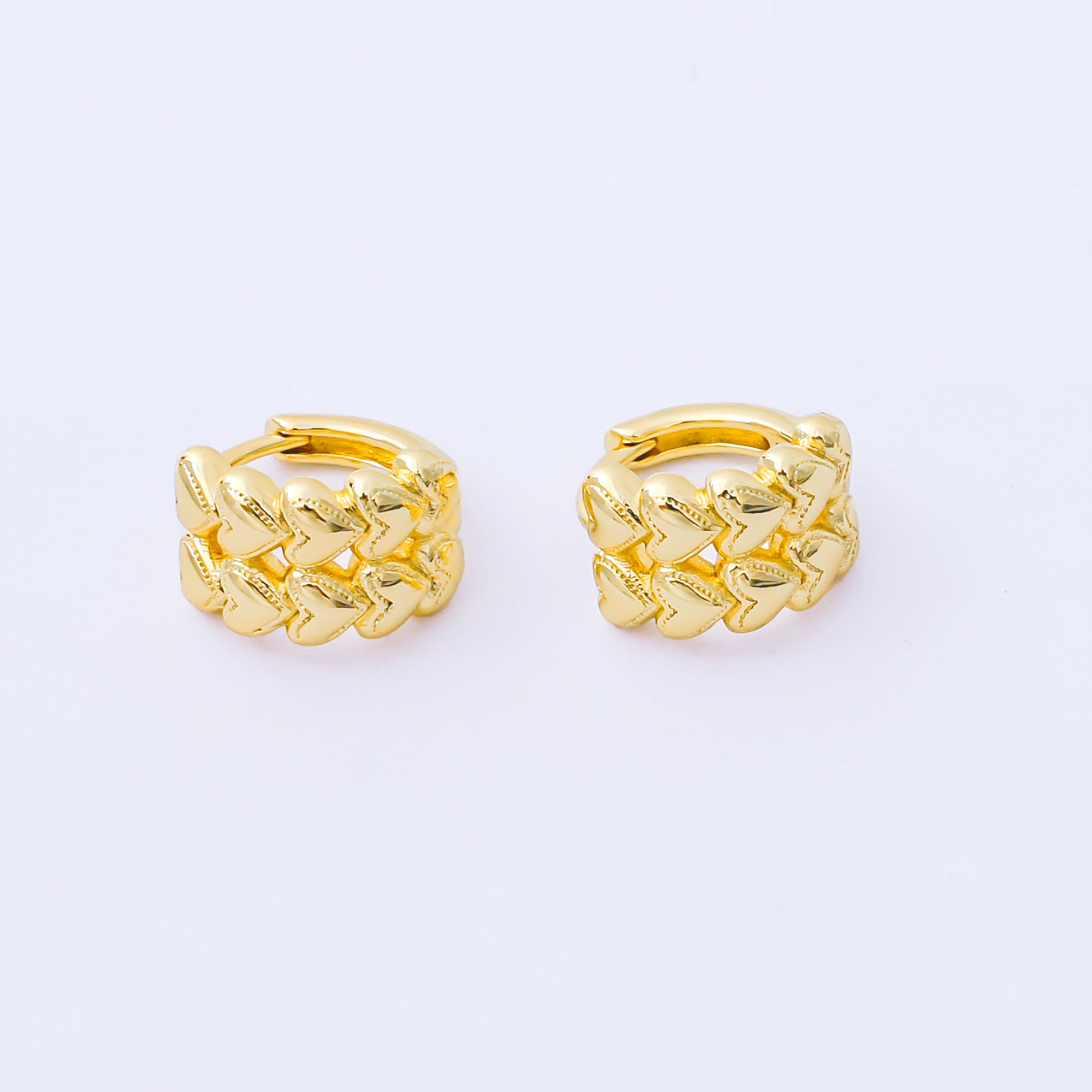24K Gold Filled 12mm Double Row Heart Embossed Huggie Earrings in Gold & Silver | AB1611 AB1612