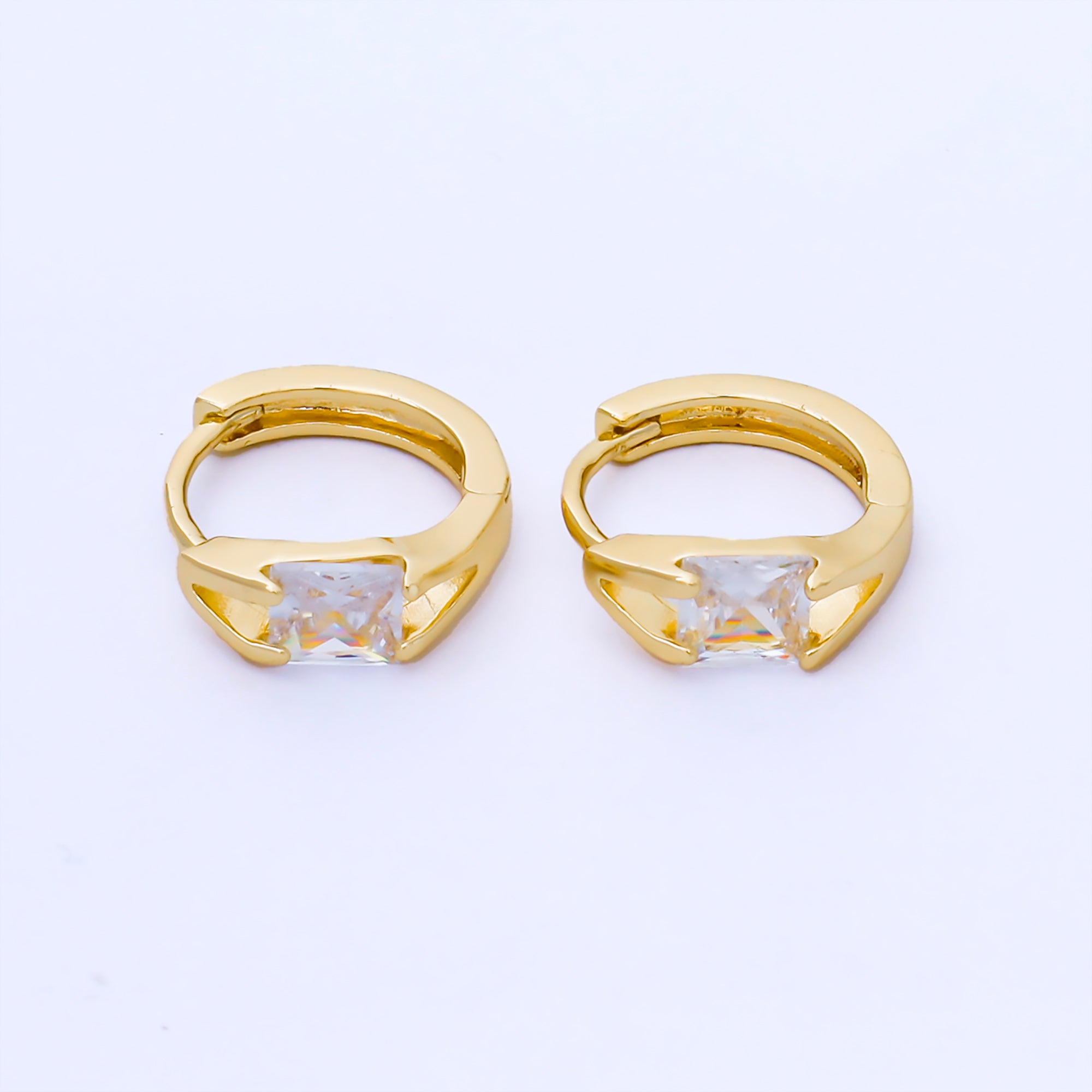 24K Gold Filled 16mm Clear Rectangular CZ Solitaire Huggie Earrings | AB1623