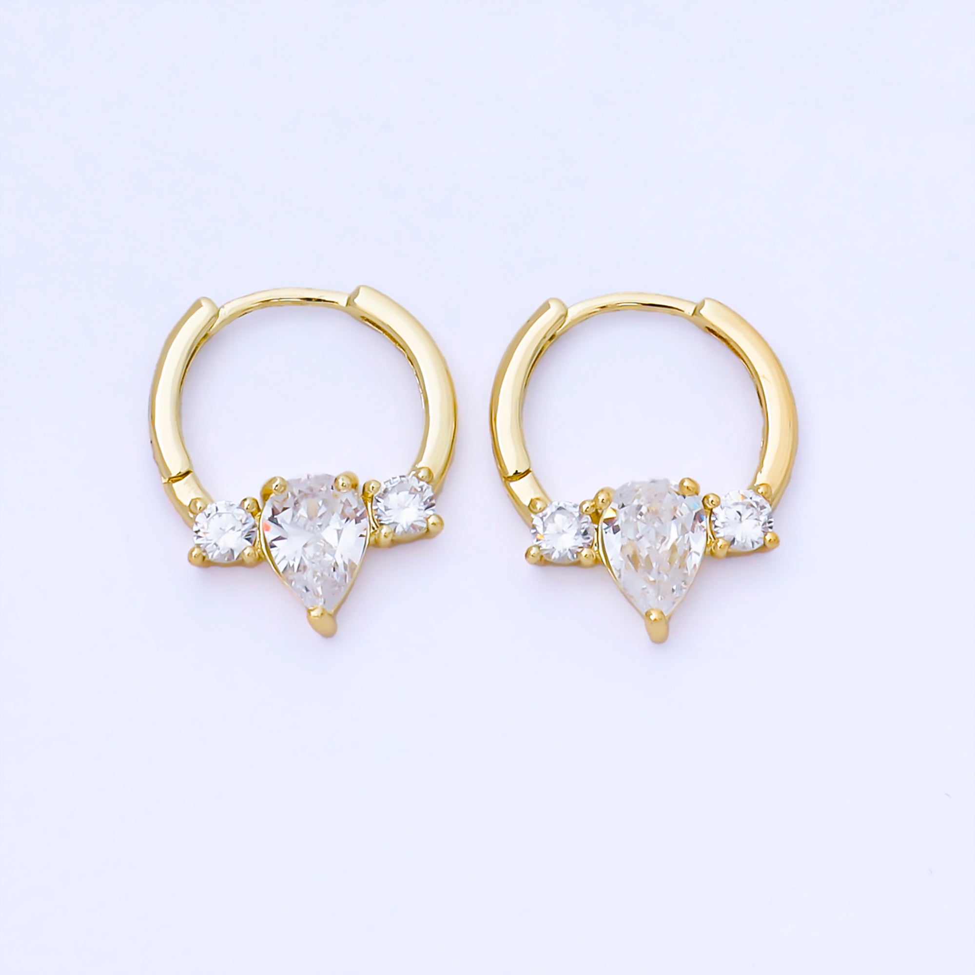 24K Gold Filled 18mm Mixed-Cut Round Teardrop CZ Solitaire Huggie Earrings | AB1624