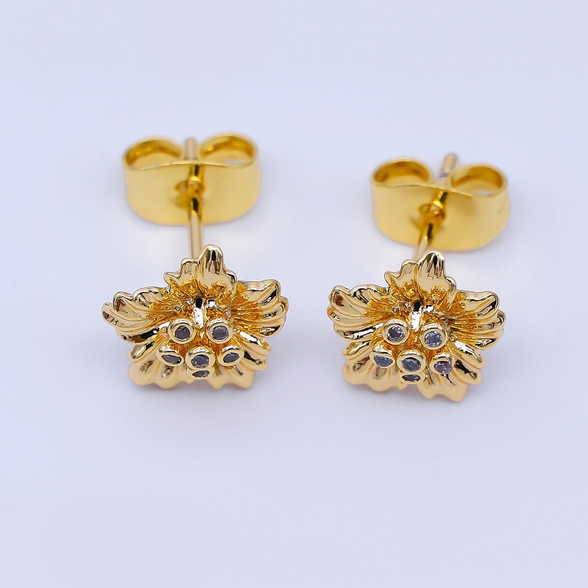 24K Gold Filled Clear Round CZ Minimalist Flower Stud Earrings | AB1634