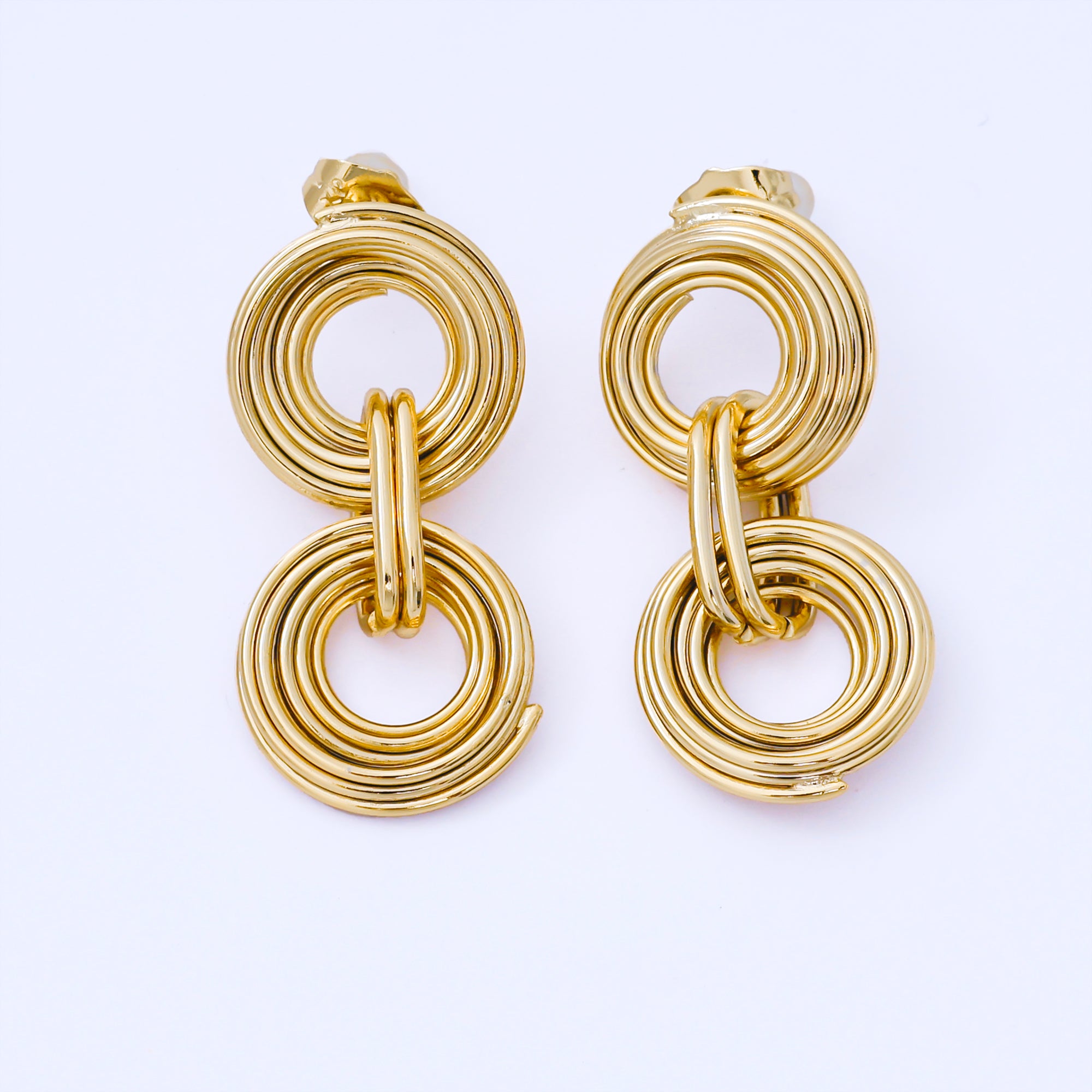 24K Gold Filled Double Multiple Linear Band Round Geometric Drop Stud Earrings | AB1641