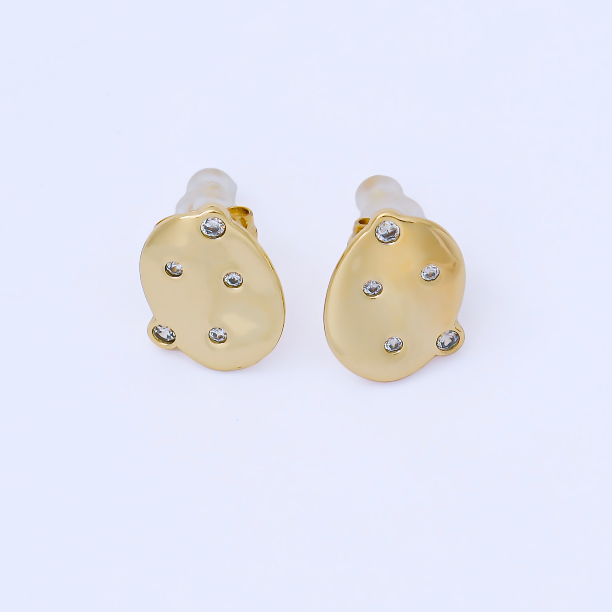 24K Gold Filled Clear CZ Dotted Hammered Oval Stud Earrings | AB1642