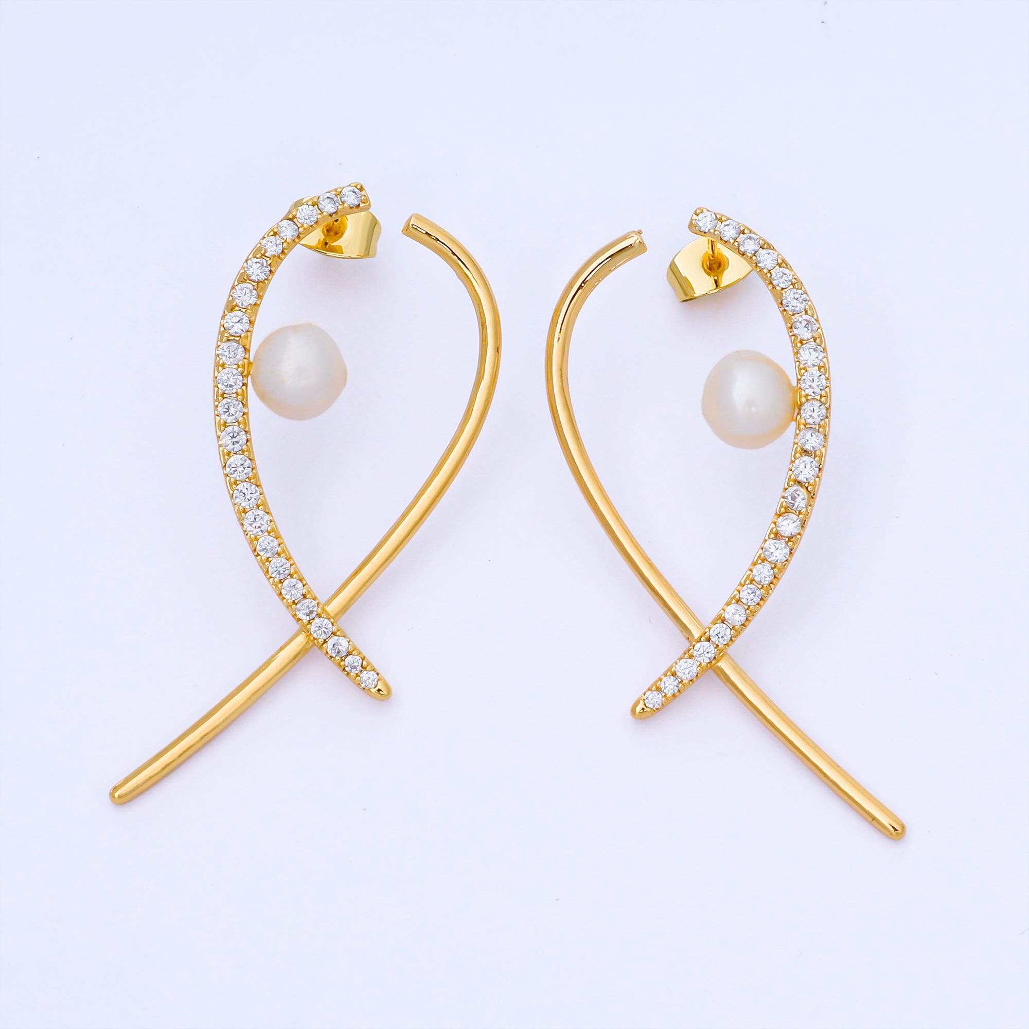24K Gold Filled Elegant Gold Arc Earrings Pearl Micro Pave Pave Drop Design Stud Earrings | AB1654