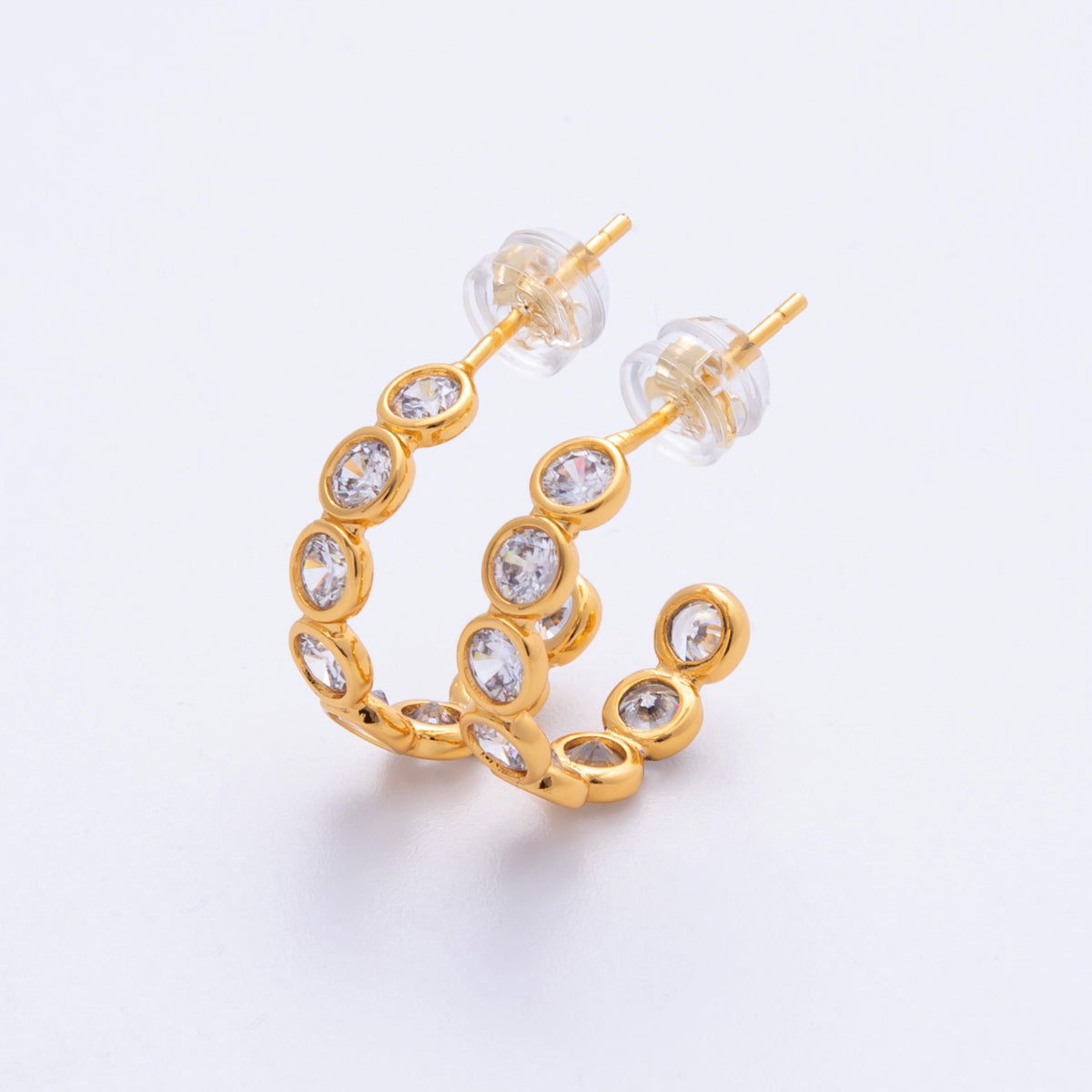 18K Gold Filled 16mm Clear CZ Round Bezel C-Shaped Hoop Earrings | AB1684