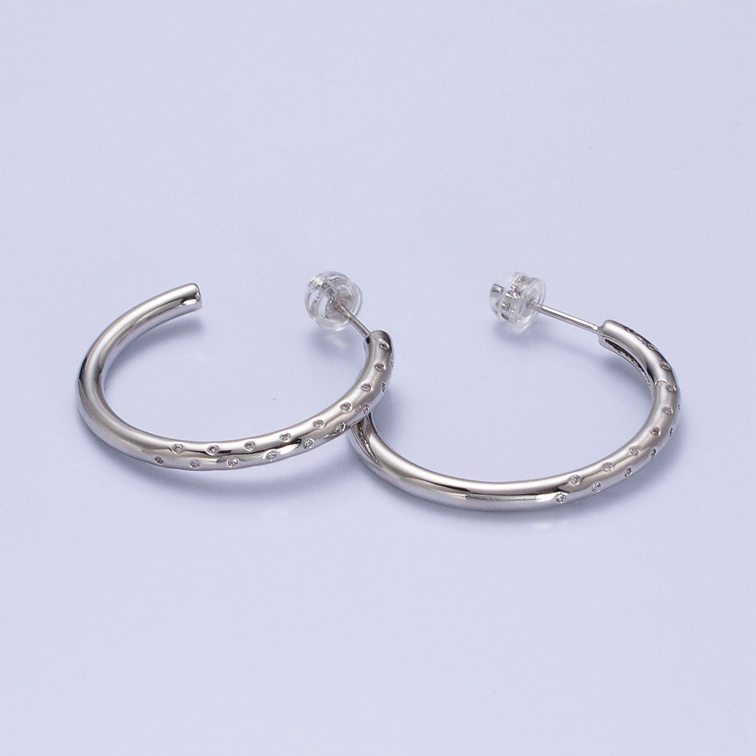 30mm Clear CZ Dotted C-Shaped Hoop Earrings in Gold & Silver | AB749 AB741