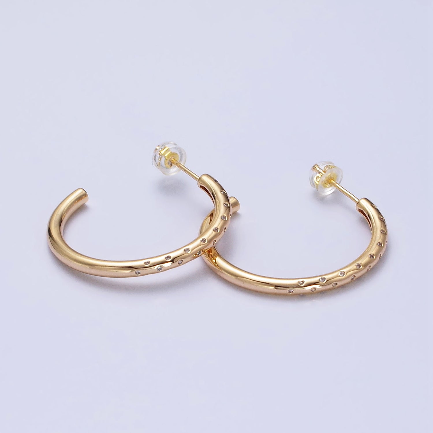 30mm Clear CZ Dotted C-Shaped Hoop Earrings in Gold & Silver | AB749 AB741