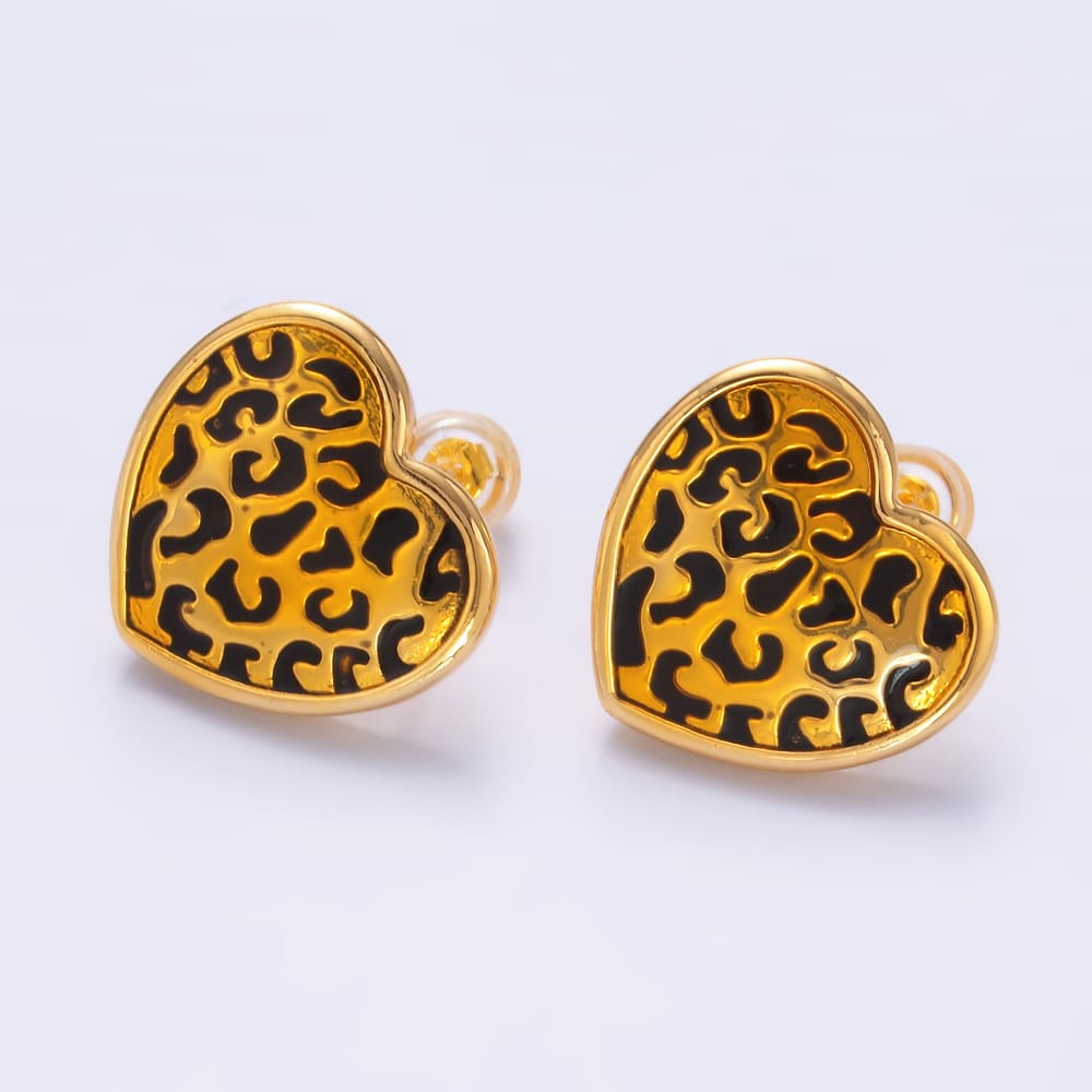 24K Gold Filled Cheetah Print Heart Animal Print Stud Earrings | AB853
