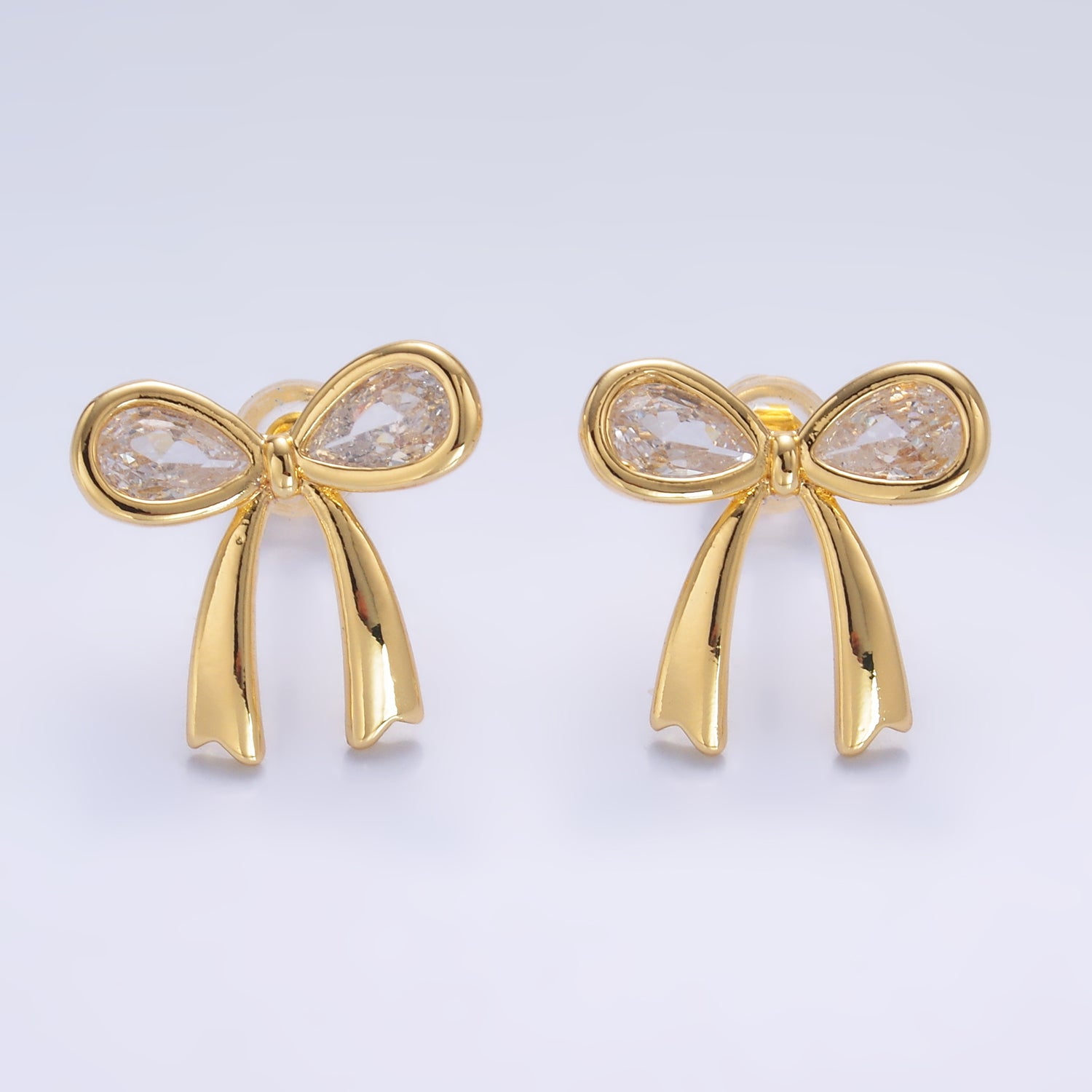 24K Gold Filled Clear CZ Ribbon Bow Stud Earrings | AB871