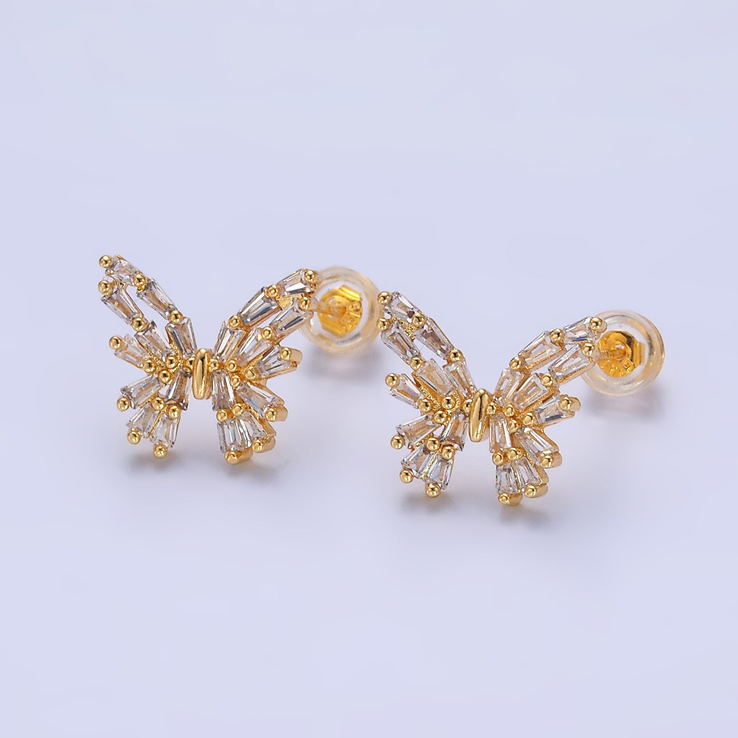 24K Gold Filled Baguette CZ Butterfly Insect Stud Earrings | AB872