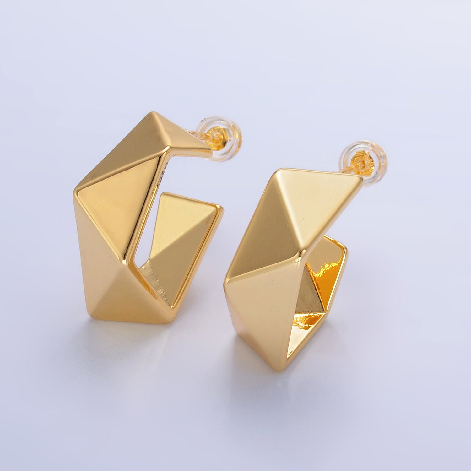 24K Gold Filled Geometric Edged C-Shaped Hoop Earrings in Gold & Silver | AB879 AB880