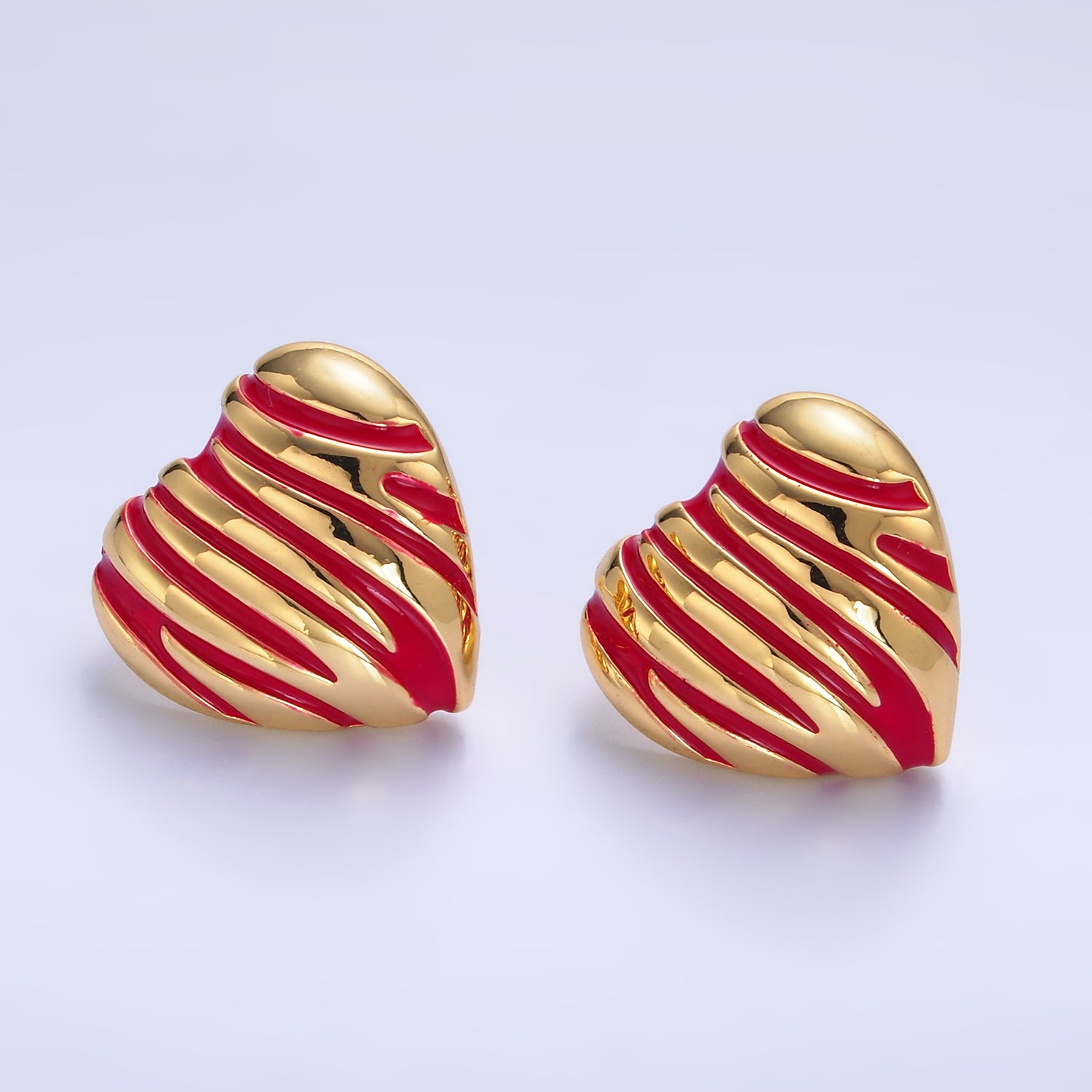 24K Gold Filled Red Enamel Lined Heart Stud Earrings | AB923