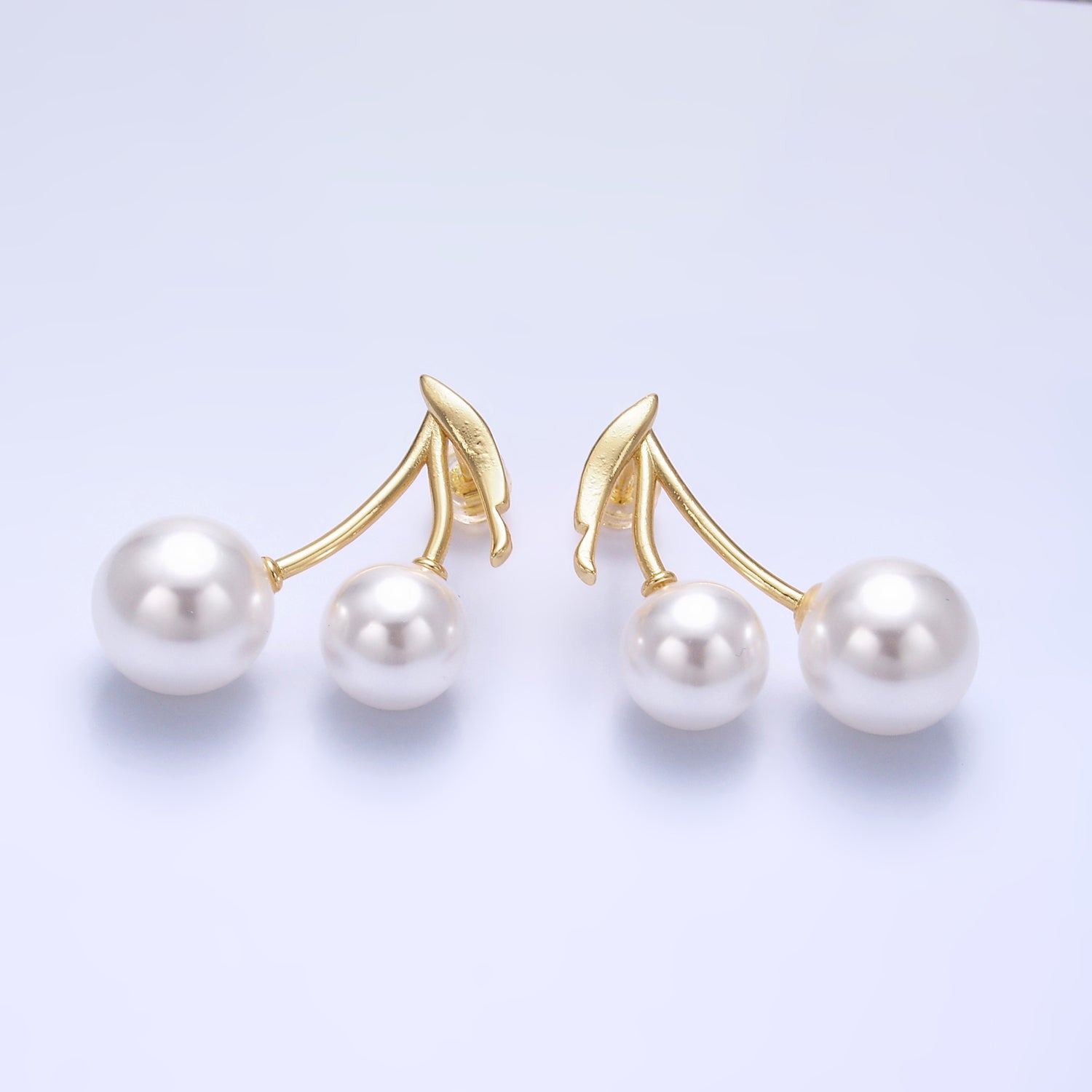 24K Gold Filled Shell Pearl Cherry Fruit Stud Earrings in Gold & Silver | AB868