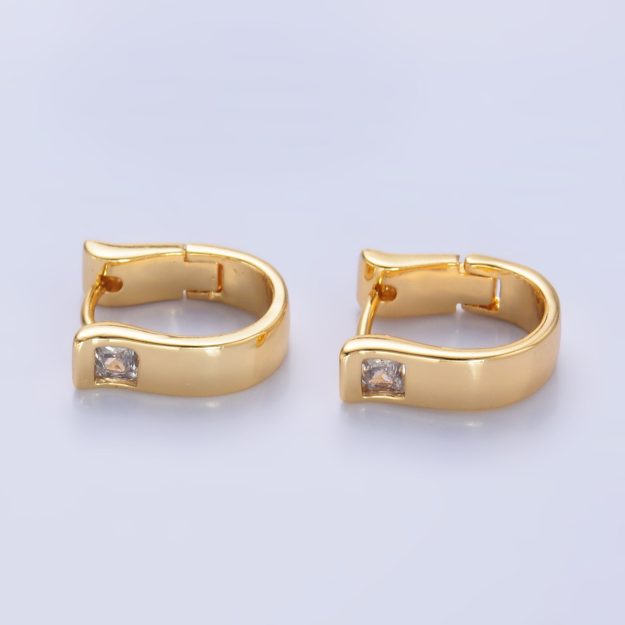 24K Gold Filled Clear CZ Square U-Shaped Hoop Earring | AB981