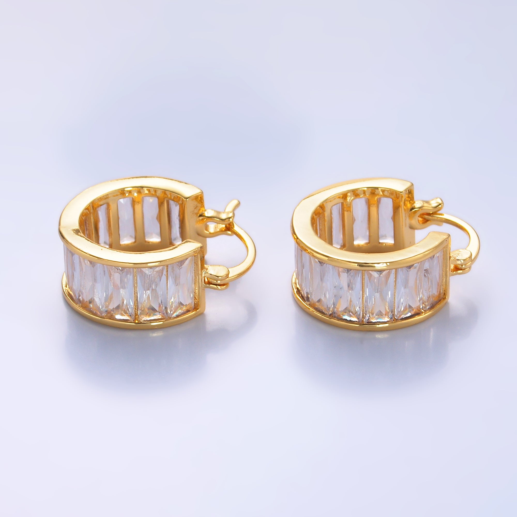 24K Gold Filled Clear CZ Baguette Latch Hoop Earrings | AB983