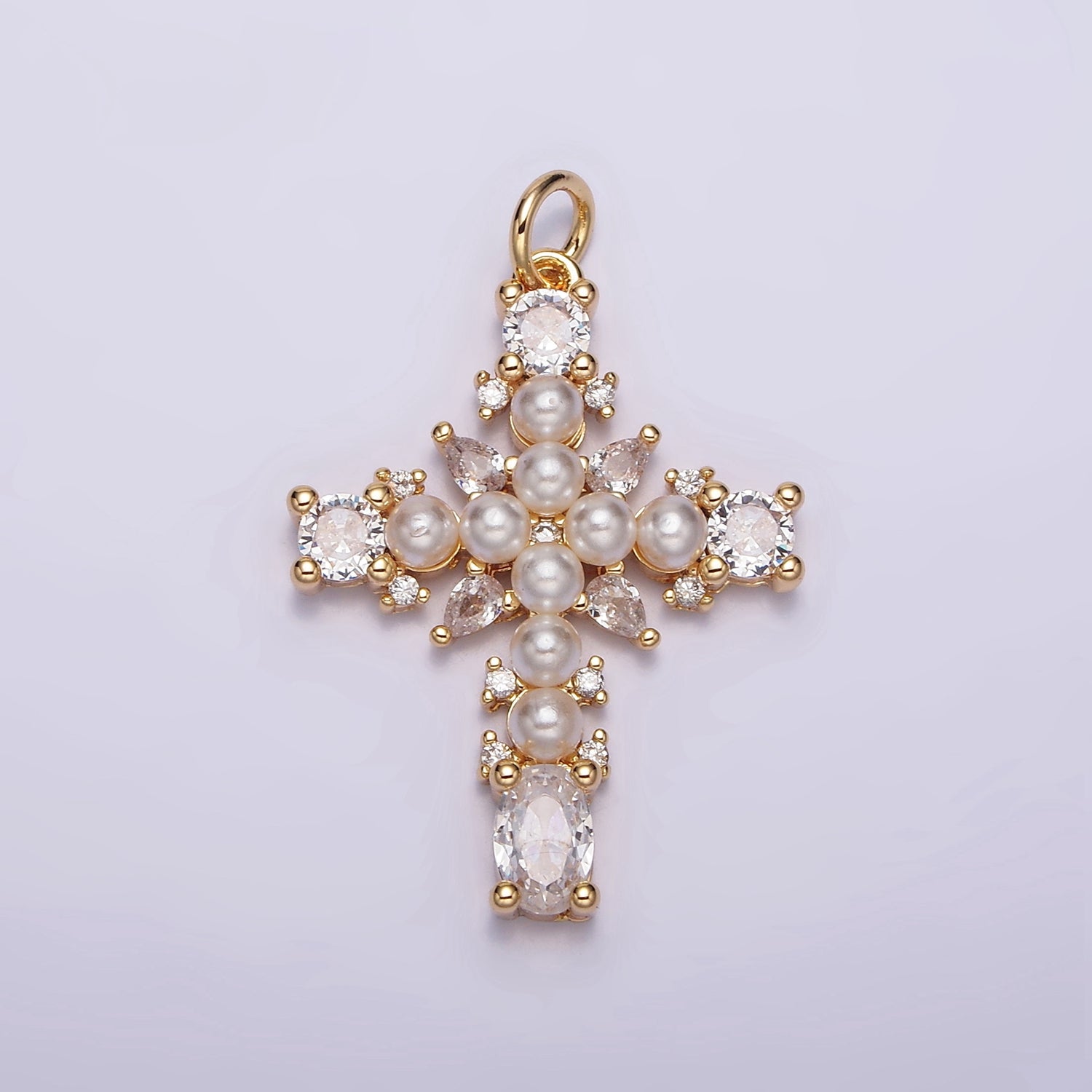 16K Gold Filled Green, Clear CZ Pearl Teardrop Religious Cross Charm in Gold & Silver | AC1416 - AC1419