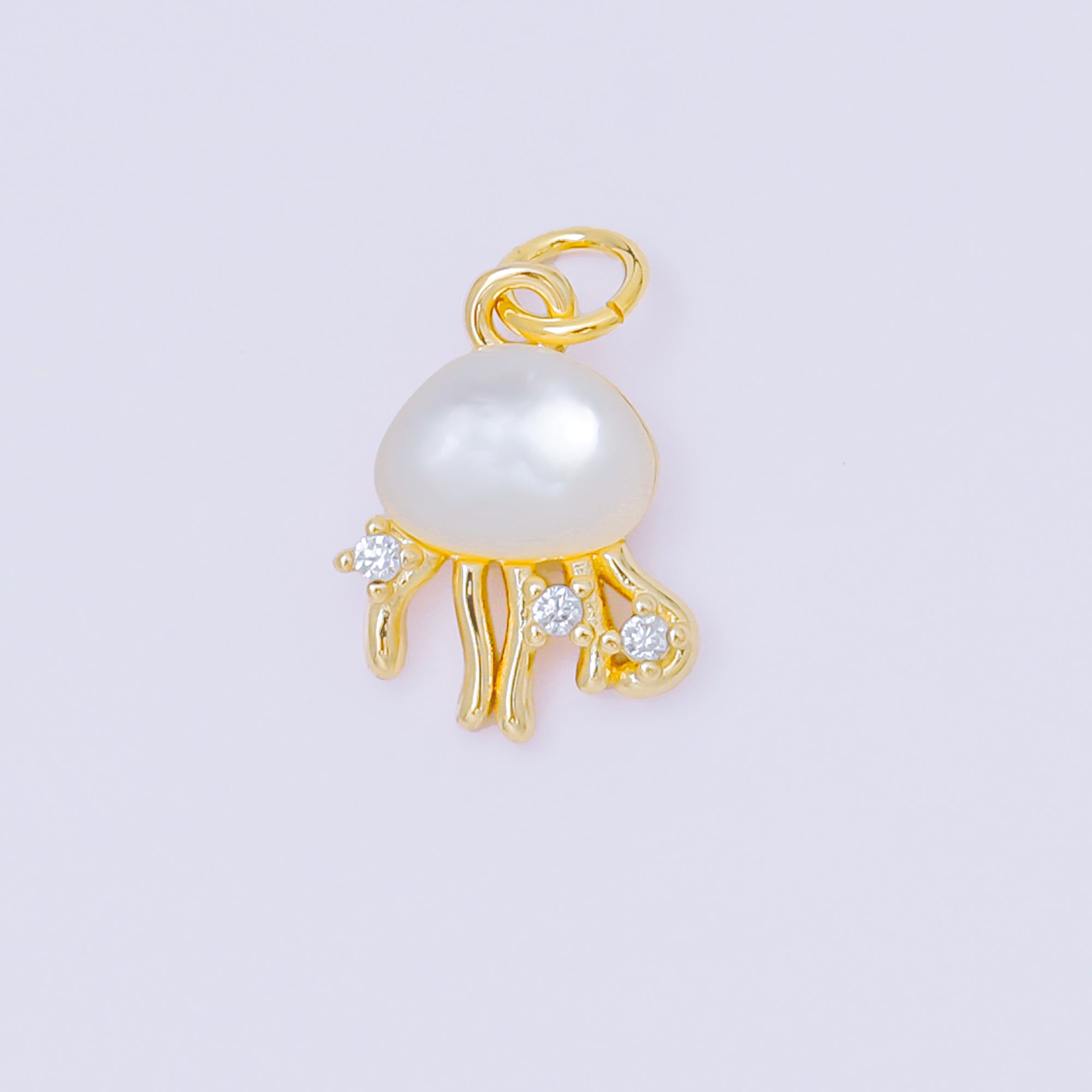 24K Gold Filled 15mm Round CZ Sea Creature Jellyfish Shell Pearl Charm | AC1590