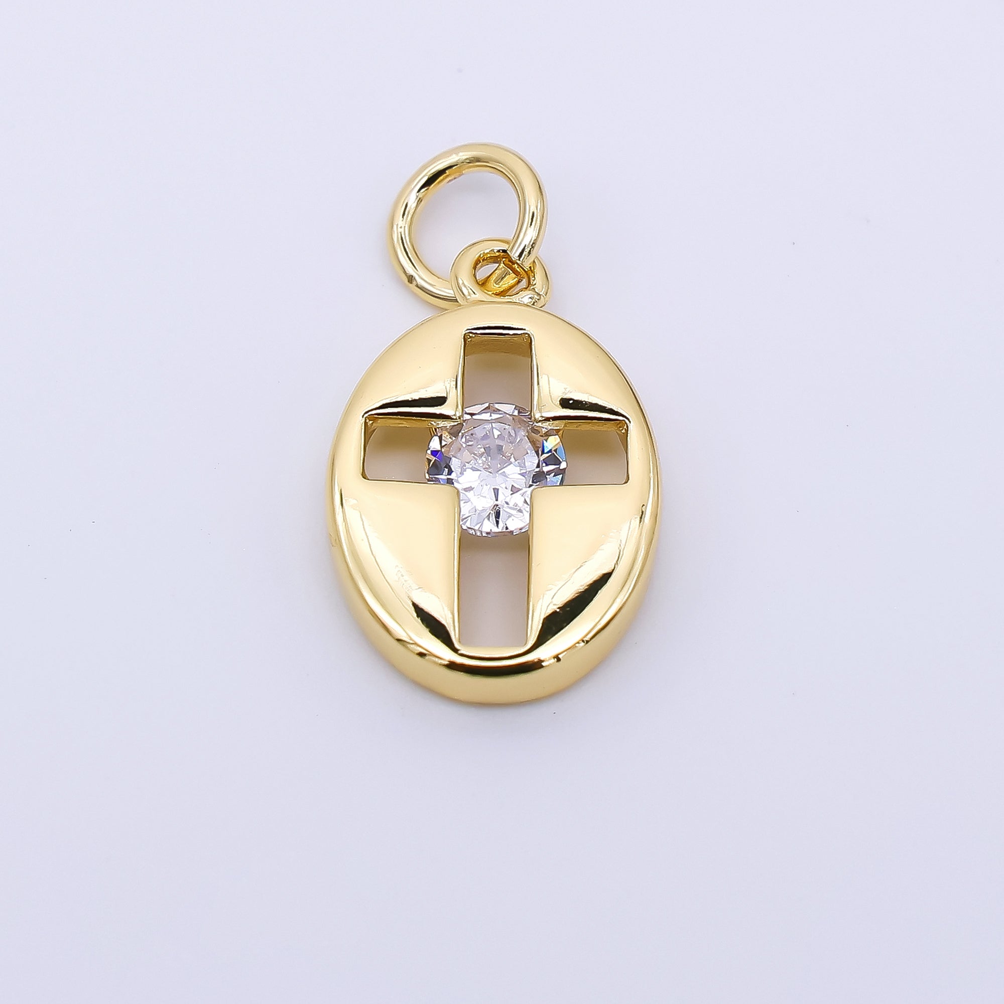 24K Gold Filled 14mm Round CZ Open Christian Cross Coin Charm in Gold & Silver | AC1598