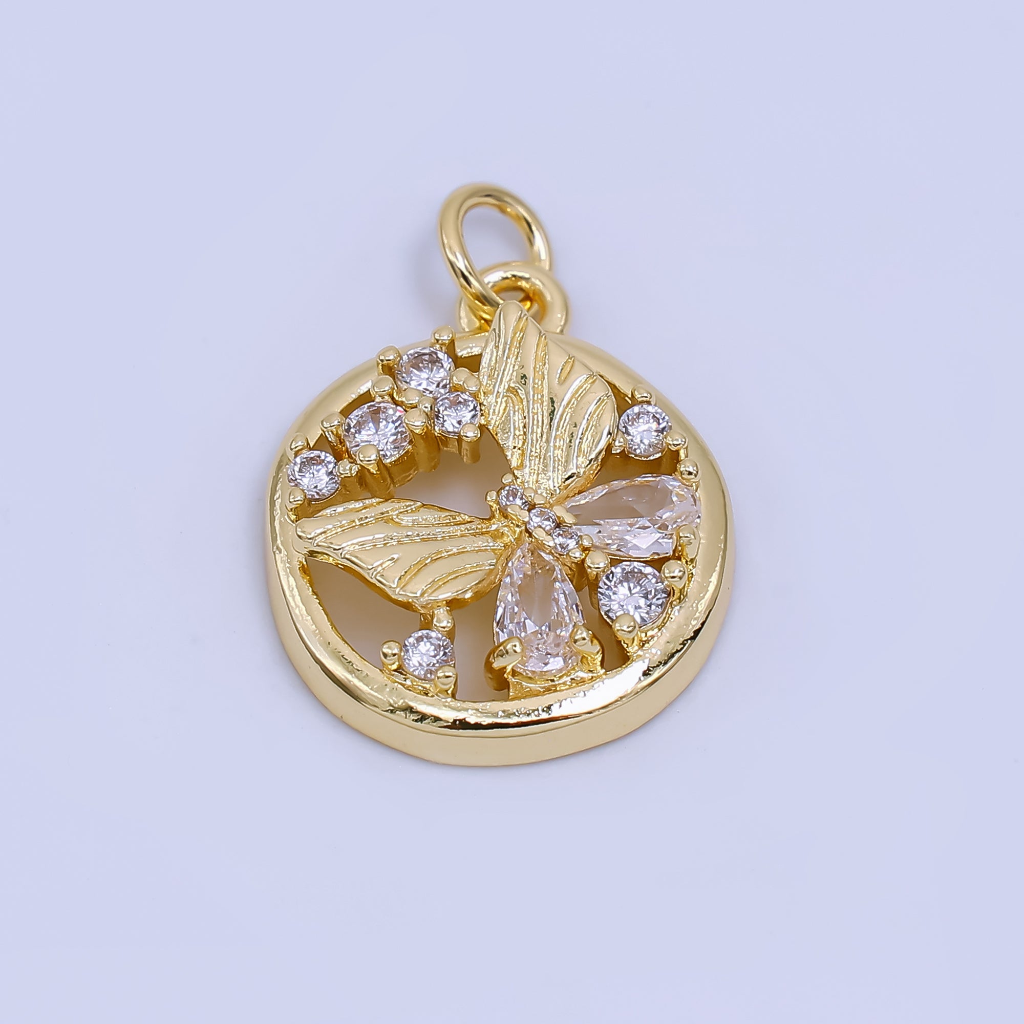 24K Gold Filled Clear CZ Cluster Butterfly Mariposa Open Round Charm | AC1600