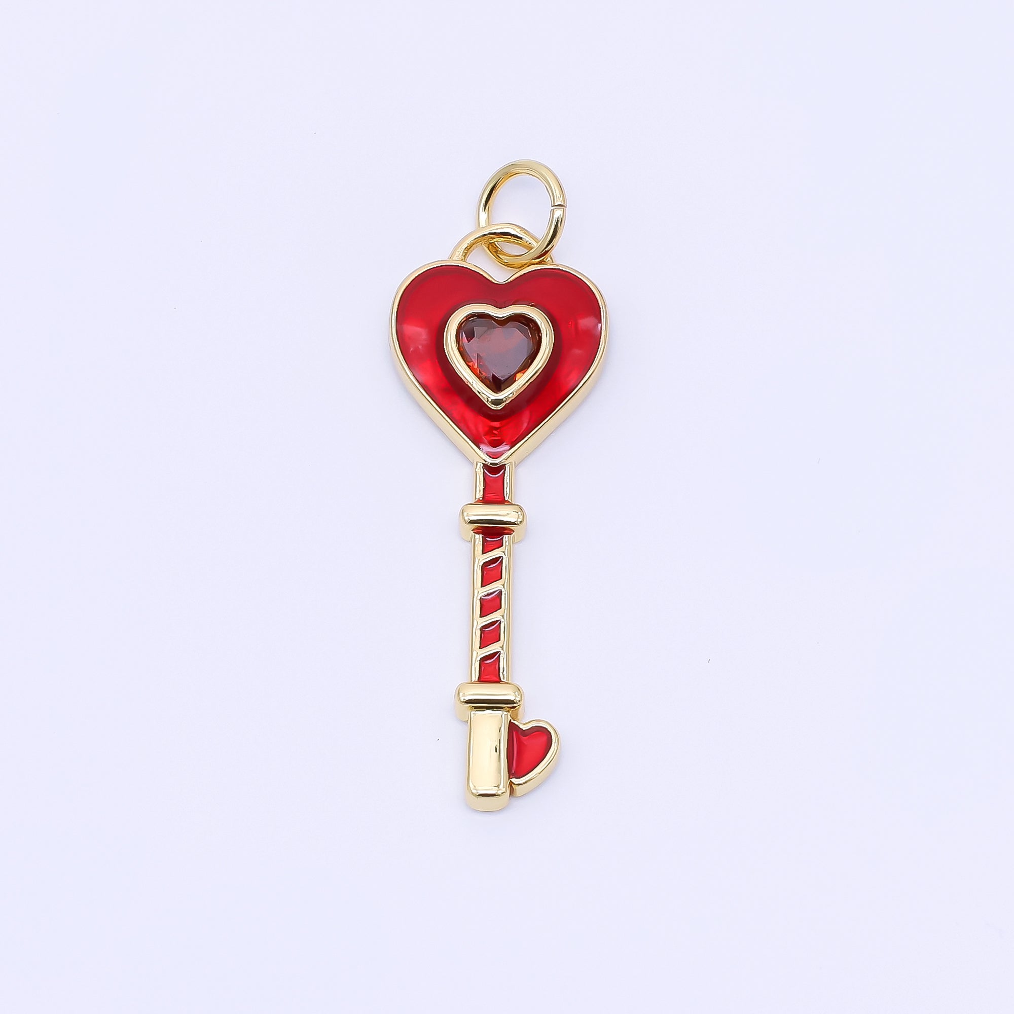 24K Gold Filled 28mm Red Heart-Shaped CZ Hand-Painted Enamel Heart Key Charm | AC1603