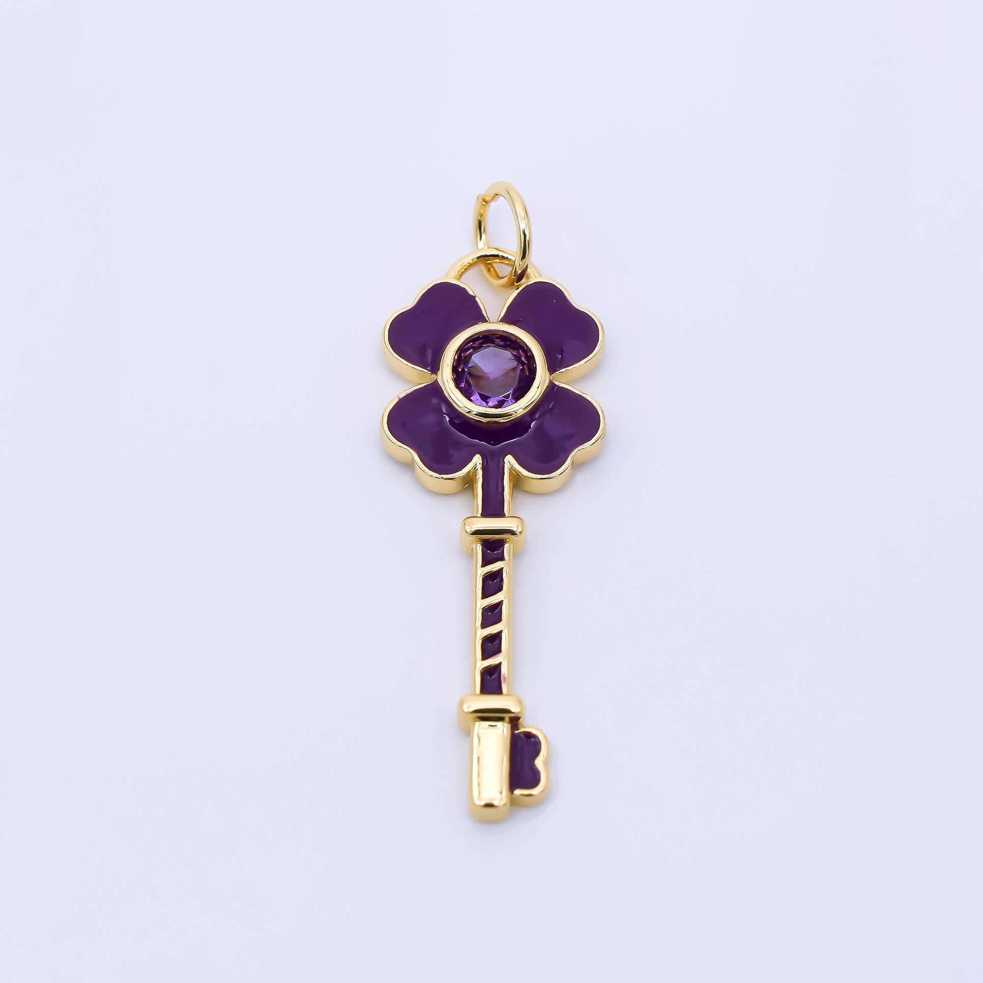 24K Gold Filled 28mm Purple Round CZ Hand-Painted Enamel Key to the Lavender Garden Floral Charm | AC1604