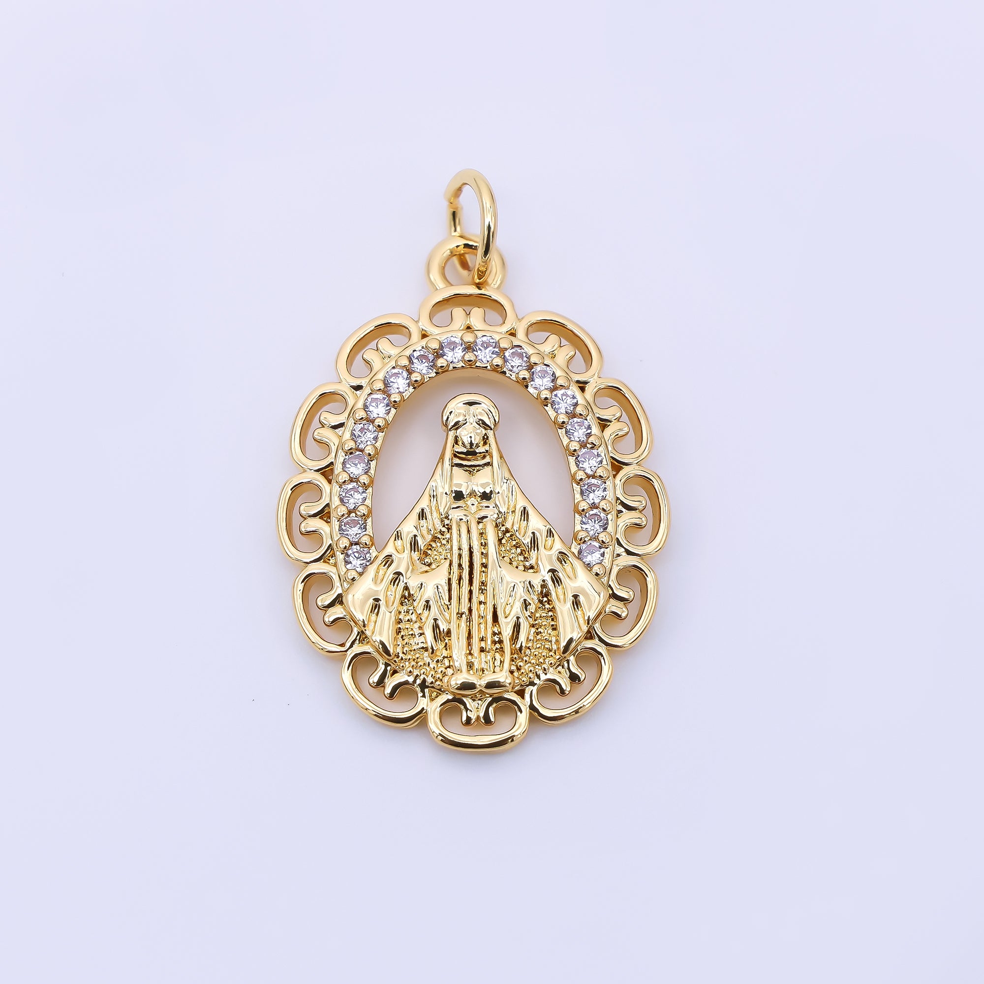 24K Gold Filled 24mm Micro Paved CZ Bless Mother Virgin Mary Religious Medallion Charm | AC1607