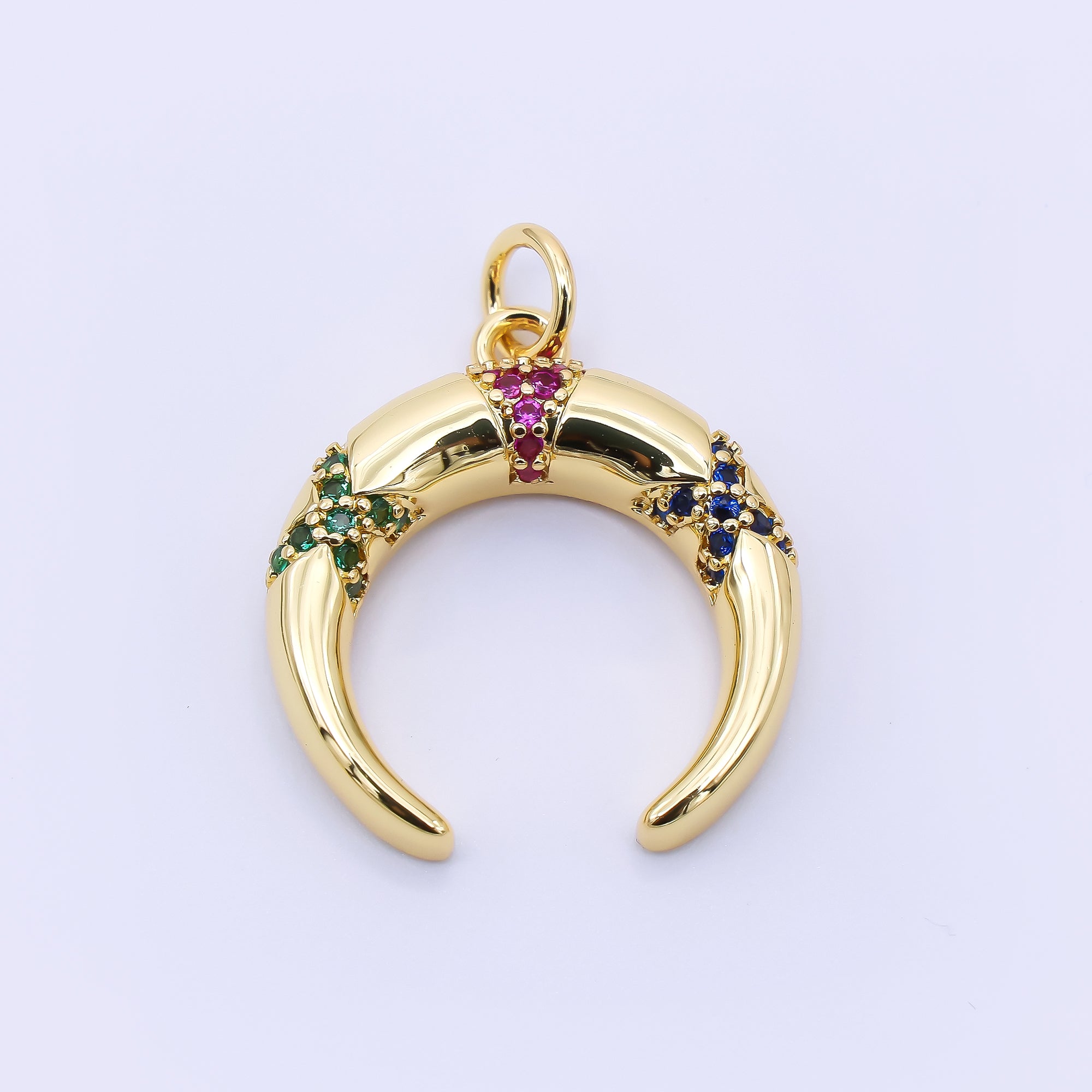 24K Gold Filled 20mm Green, Fuchsia, & Blue Micro Paved CZ Crescent Moon Charm | AC1610
