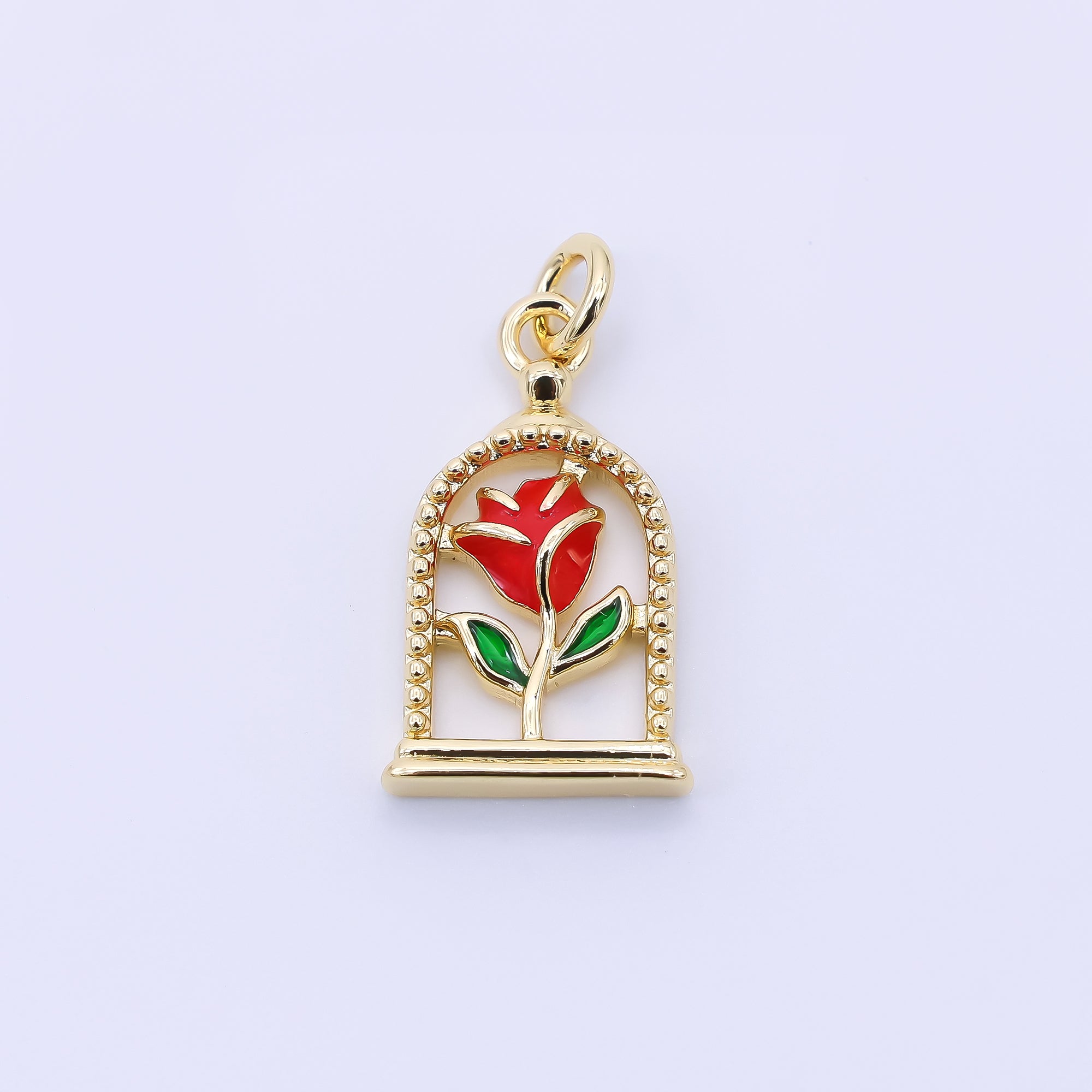 24K Gold Filled 16mm Hand-Painted Enamel Magical Enchanted Rose Flower Charm | AC1611