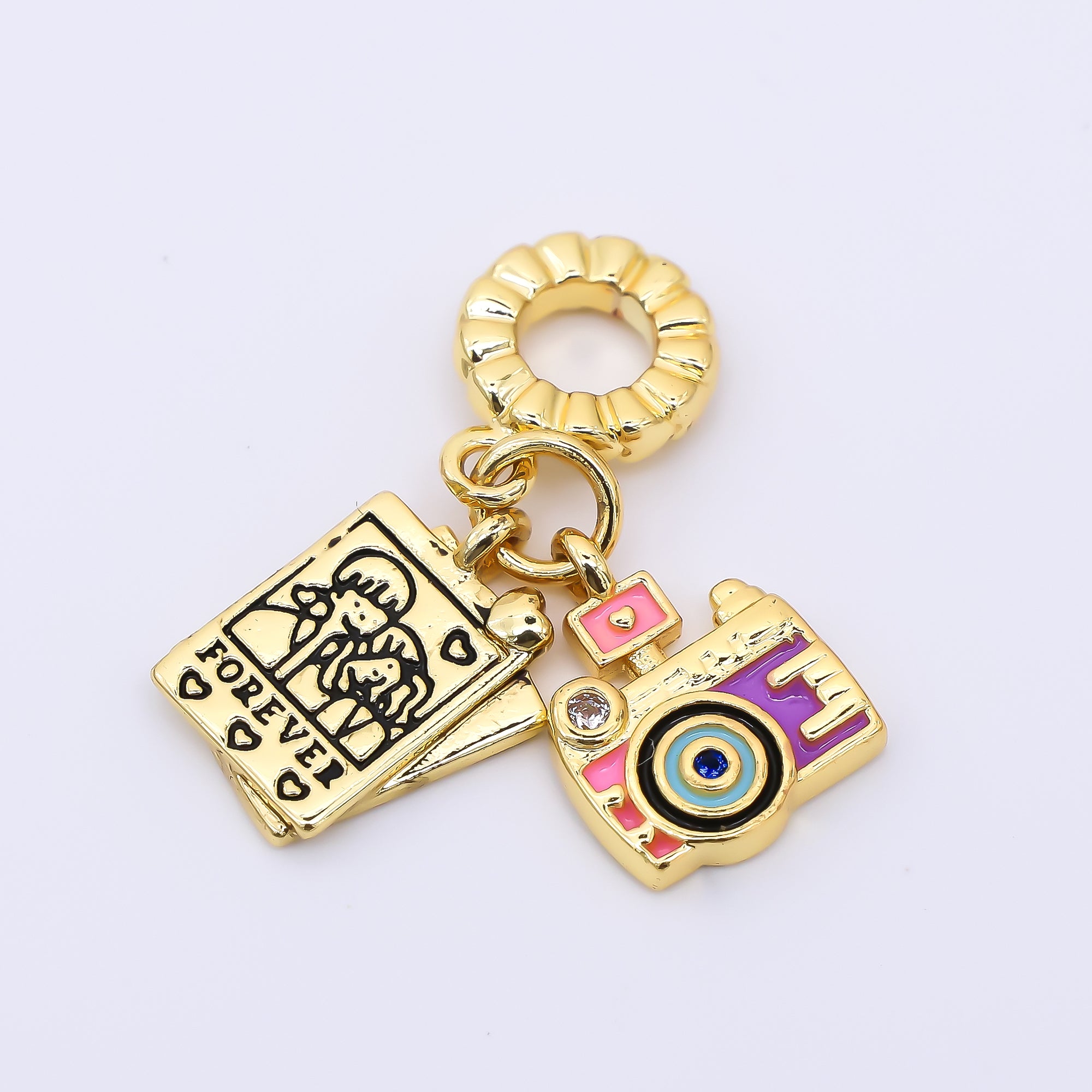 24K Gold Filled Vintage Instant Film Camera Enamel Heart Rondelle Drop Charm | AC1613