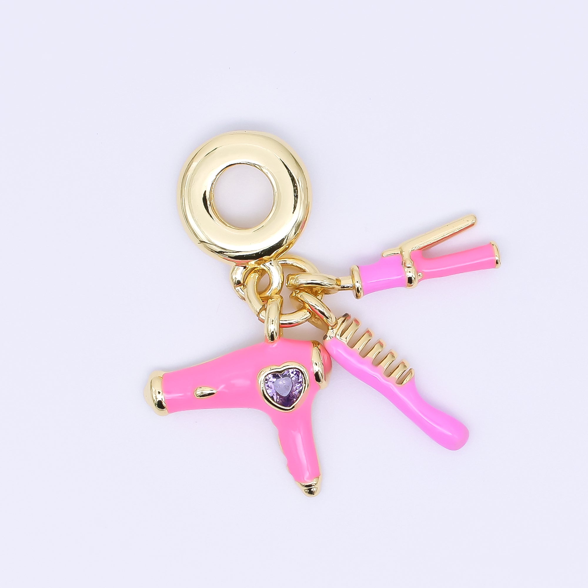 24K Gold Filled 16mm Pink Hair Blower, Straightener, & Comb Beauty Set Rondelle Drop Charm | AC1620