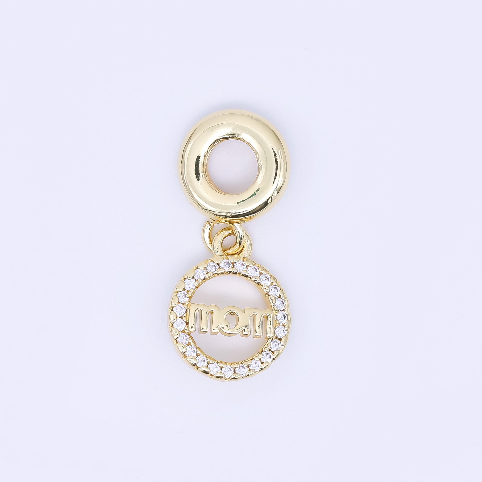24K Gold Filled "MOM" Script Micro Paved CZ Round Drop Rondelle Charm | AC1631