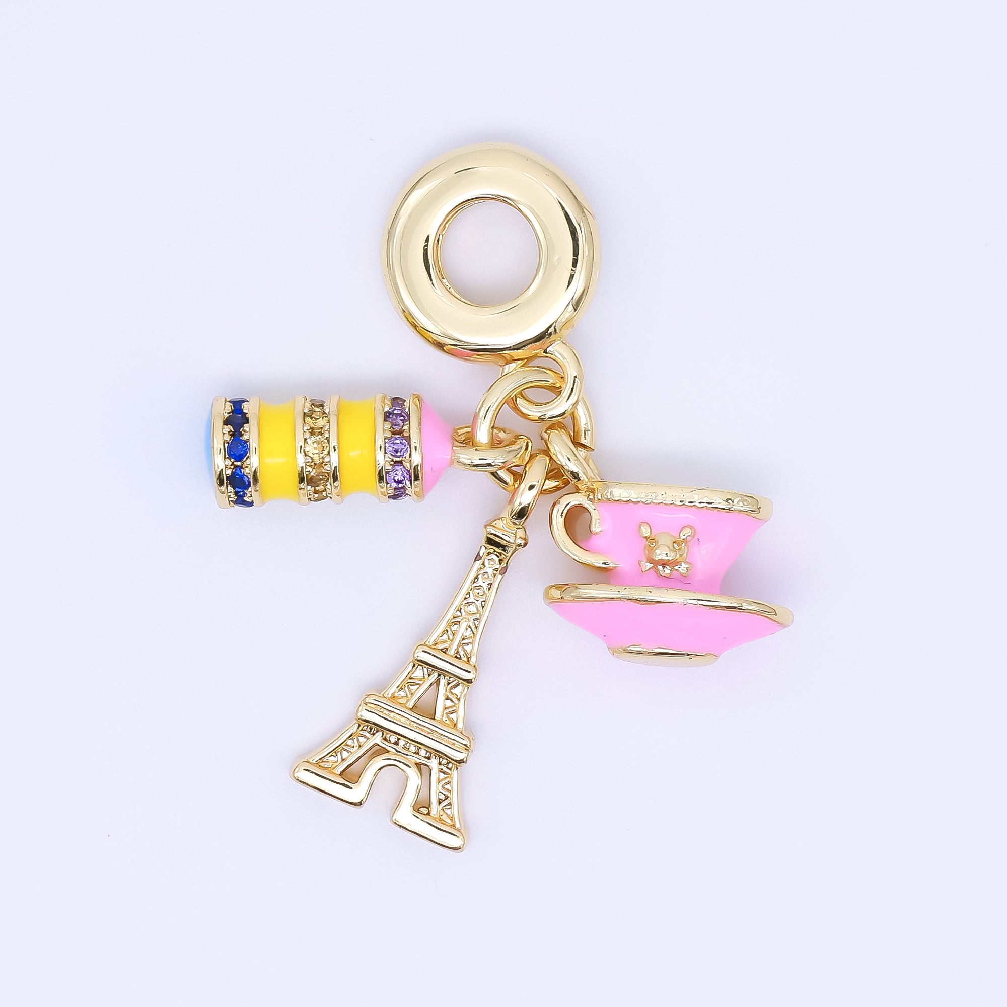 24K Gold Filled French Paris Eiffel Tower Macaroon Coffee Drop Rondelle Charm | AC1633