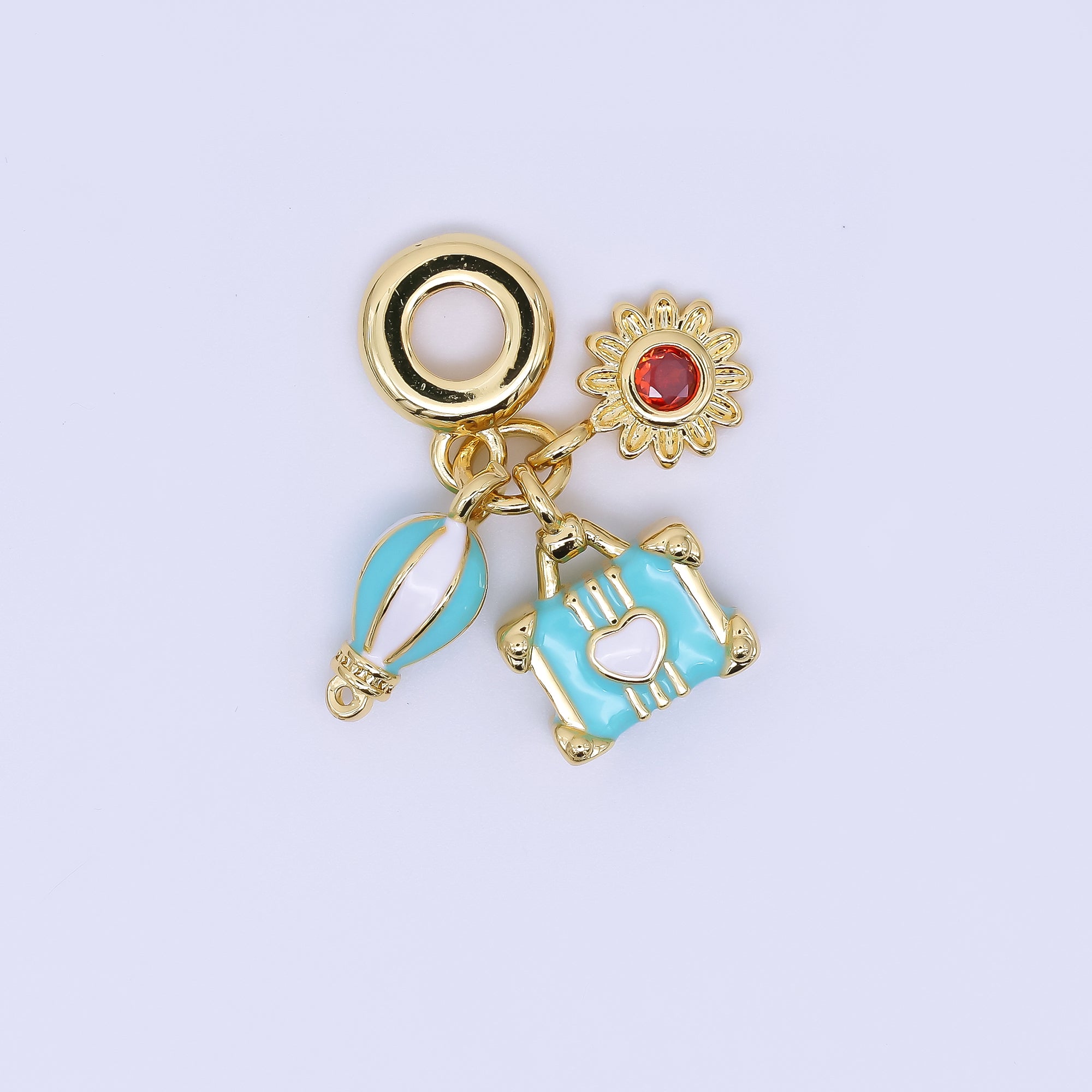 24K Gold Filled 15mm Hot Air Balloon, Lifesaver, & Sunflower Summer Holidays Set Rondelle Drop Charm | AC1637