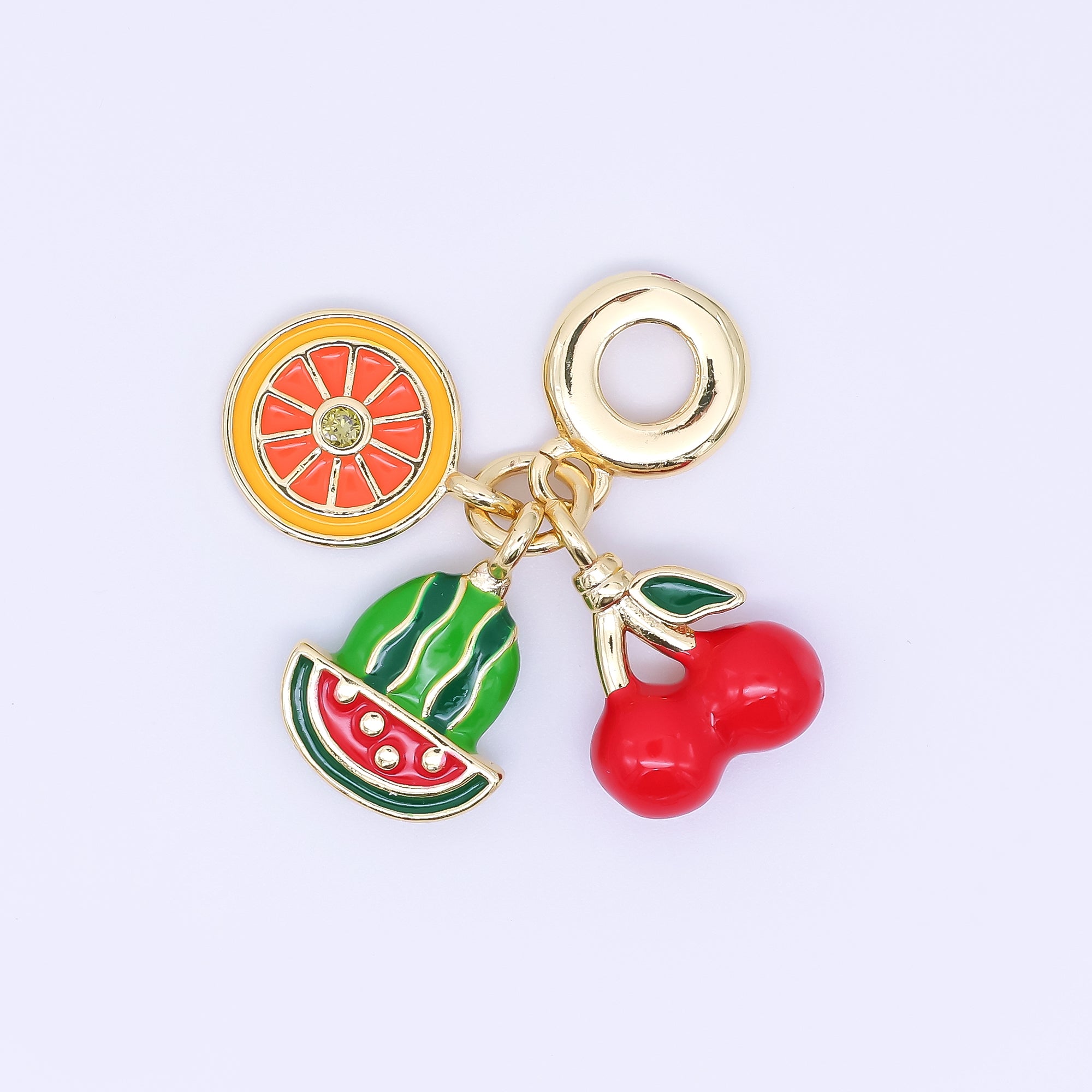 24K Gold Filled Orange Watermelon Cherry Fruit Enamel Drop Rondelle Charm | AC1639