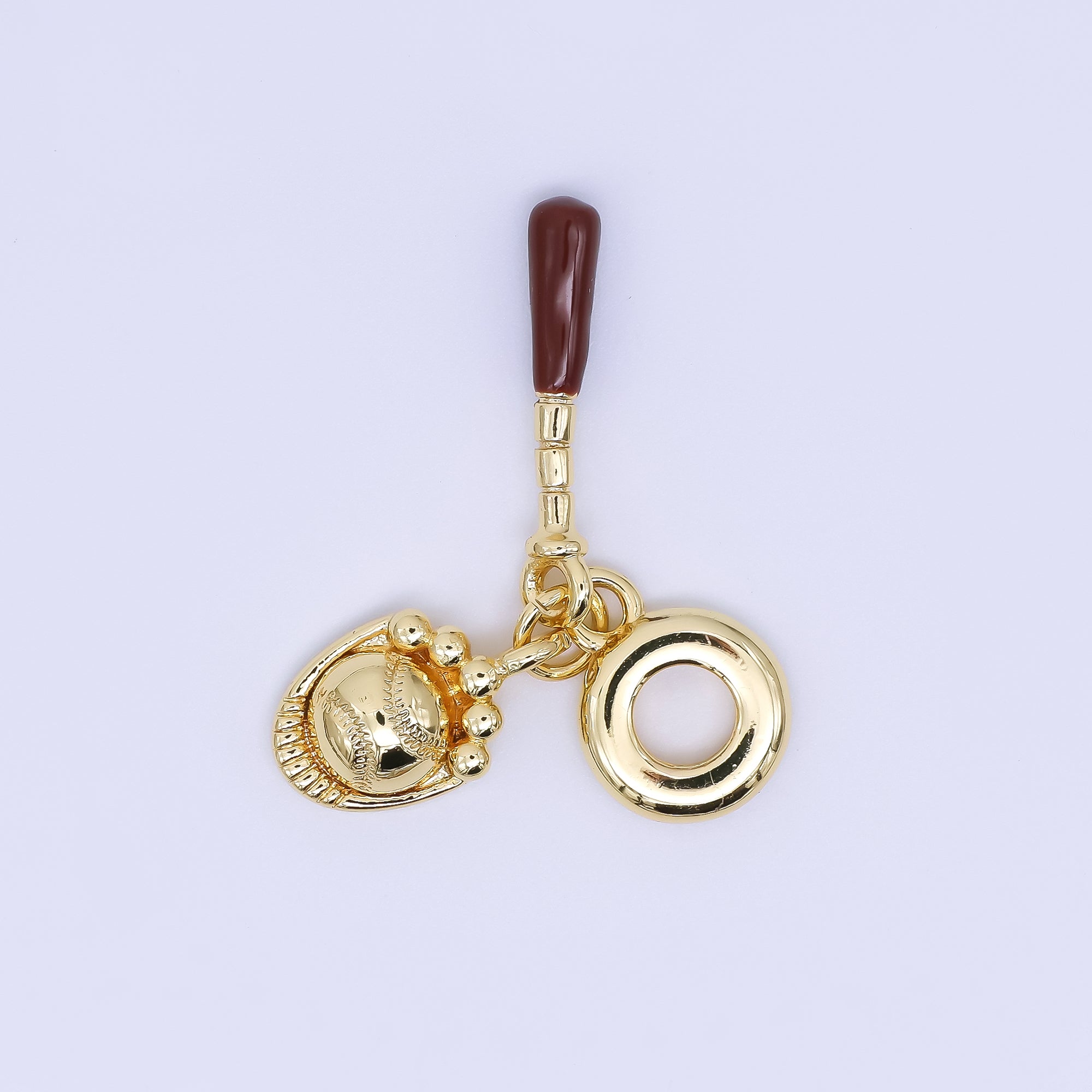 24K Gold Filled 20mm Baseball & Sticks Sports Set Rondelle Drop Charm | AC1643