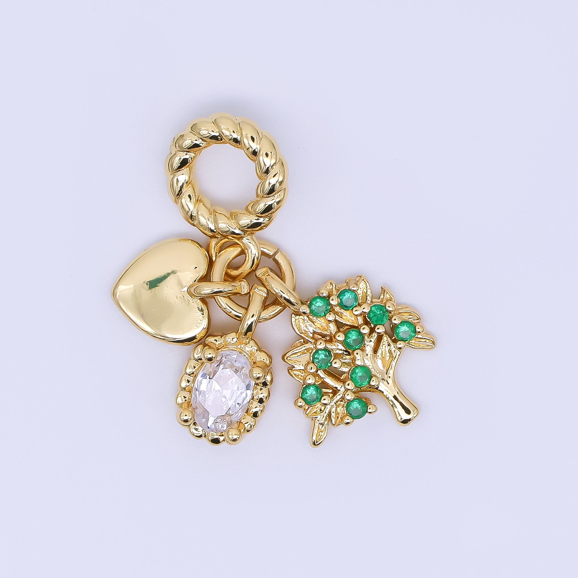 24K Gold Filled 16mm Heart, Clear Oval CZ, & Green Apple Tree Nature Set Rondelle Drop Charm | AC1646