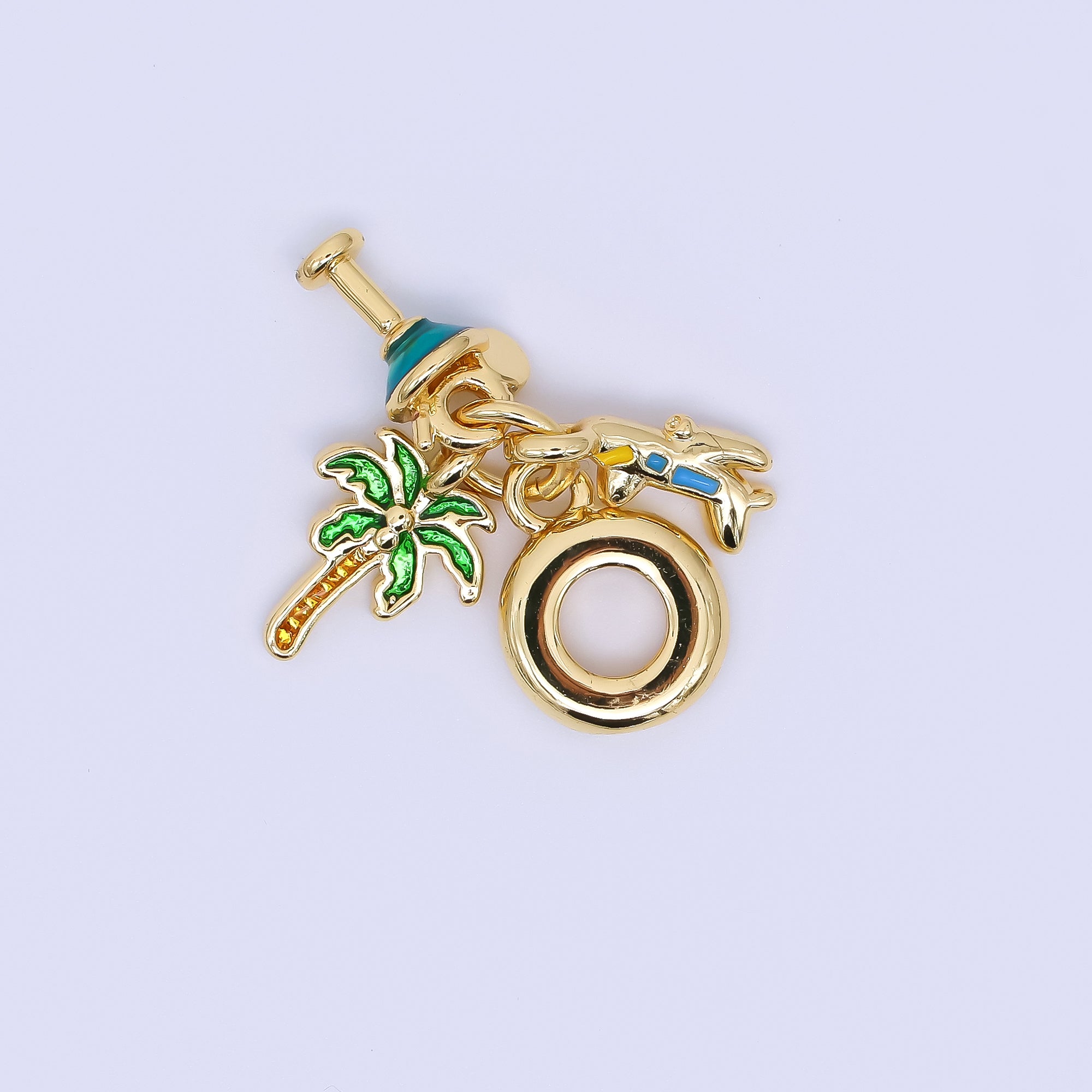 24K Gold Filled 13mm Palm Tree, Cocktails, & Airplane Jet Vacation Travel Set Rondelle Drop Charm | AC1650
