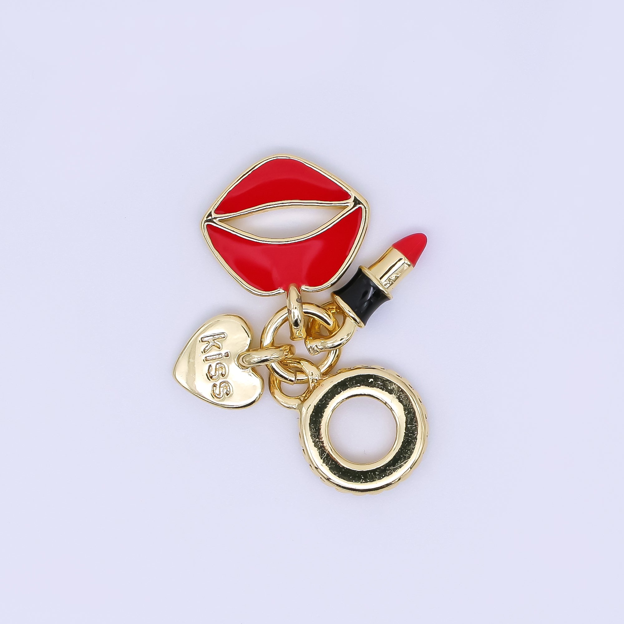 24K Gold Filled 11mm Red Lips, Lipstick, & Heart Kiss Girly Set European Style Rondelle Bail Drop Charm | AC1651