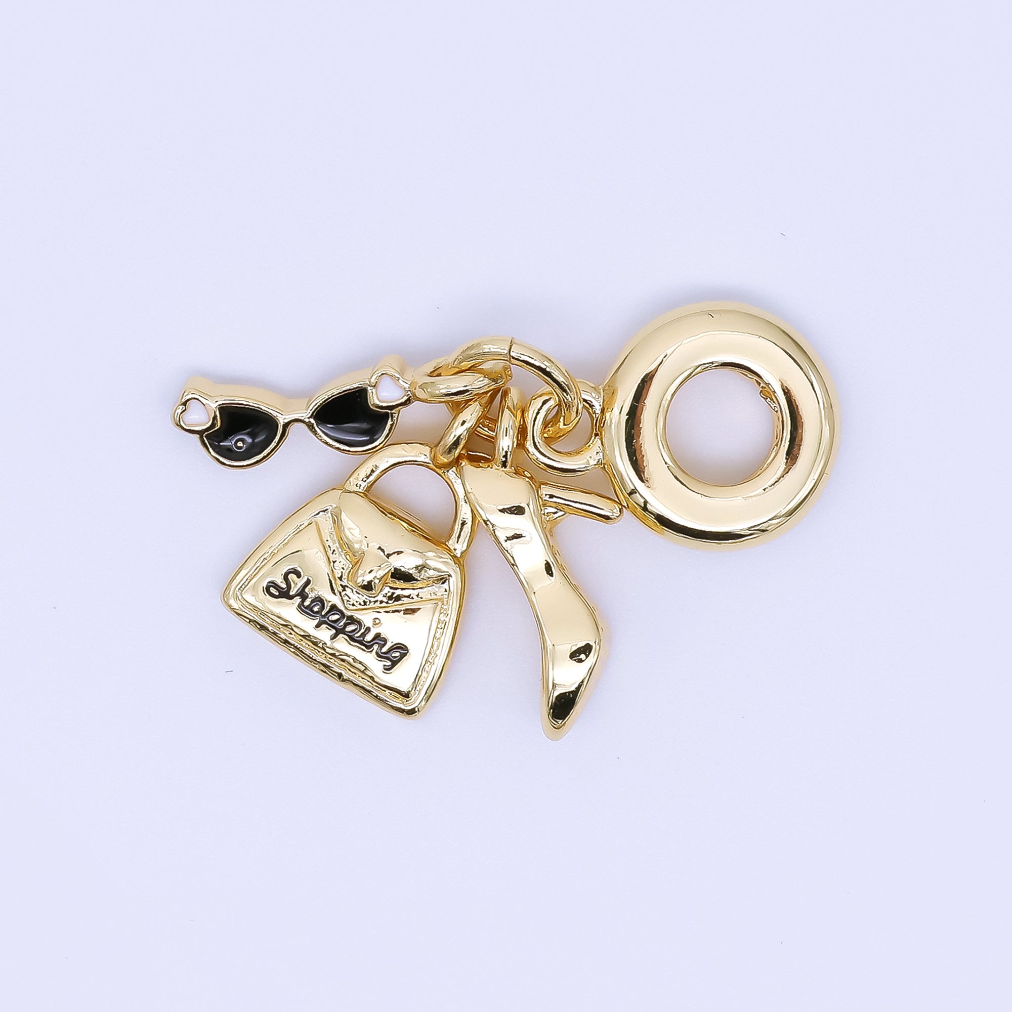 24K Gold Filled 14mm Glasses, Heels, & Shopping Bag Fancy Set Rondelle Drop Charm | AC1652