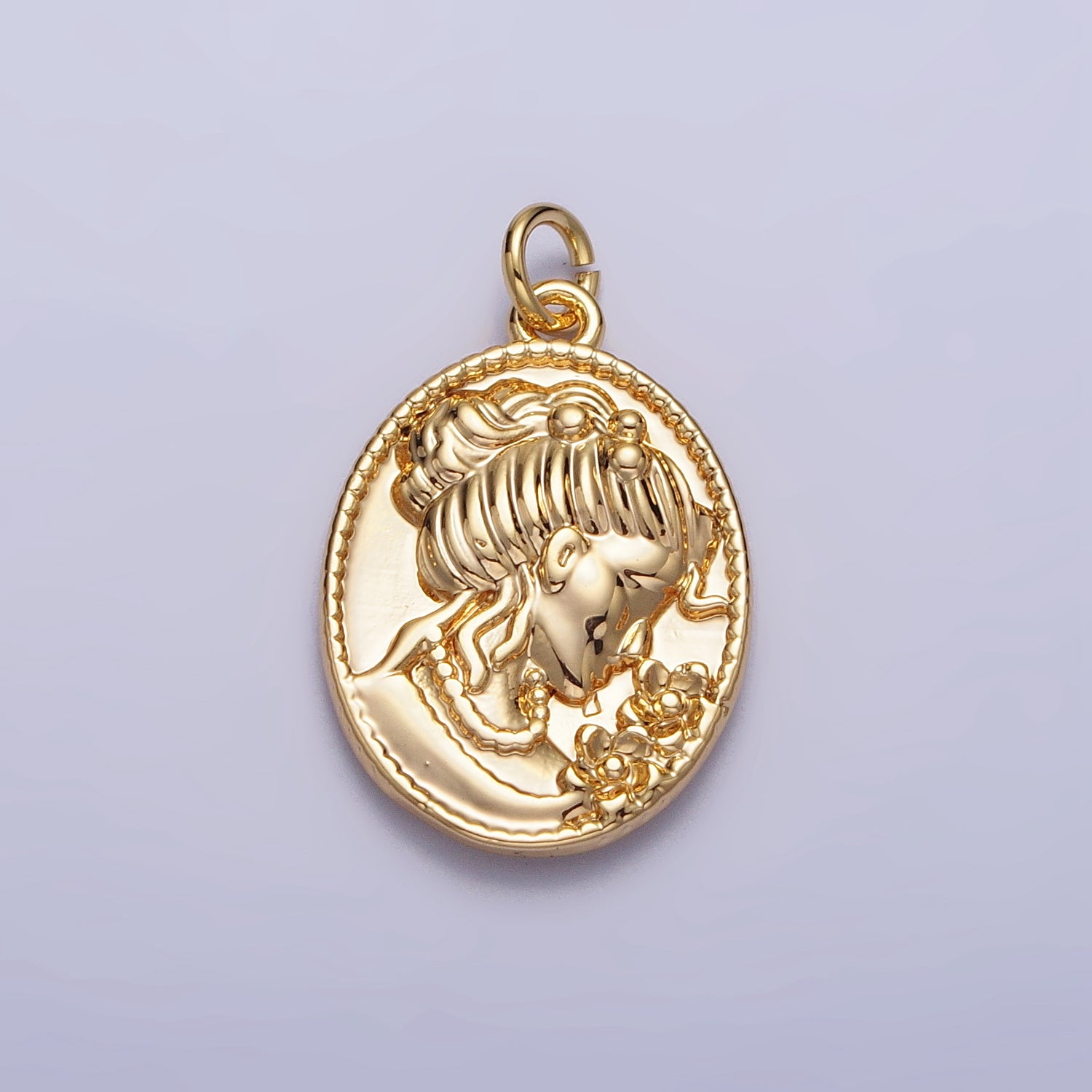 16K Gold Filled Double Sided Portrait of Victorian Lady Flower Pearl Cameo Oval Charm in Gold & Silver | AC299 AC300