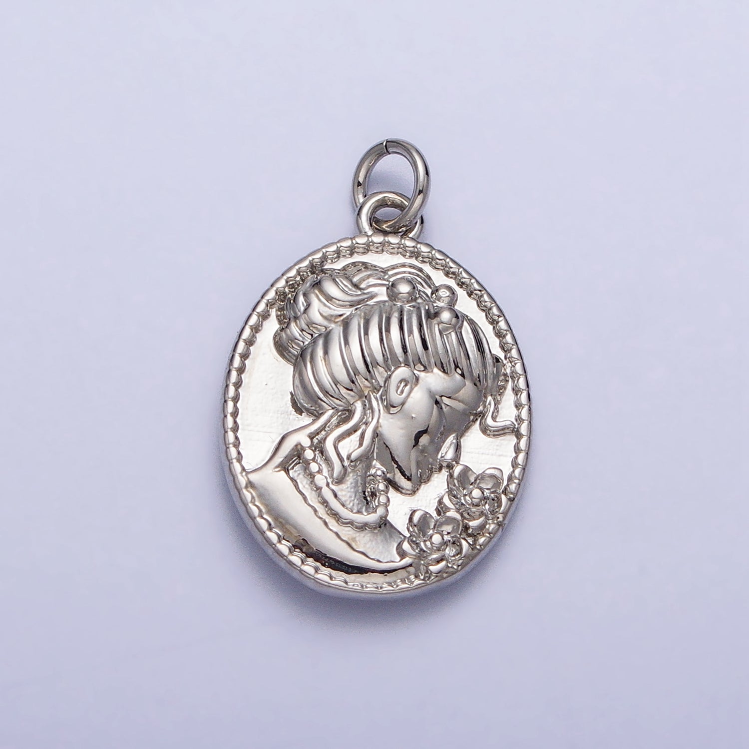 16K Gold Filled Double Sided Portrait of Victorian Lady Flower Pearl Cameo Oval Charm in Gold & Silver | AC299 AC300
