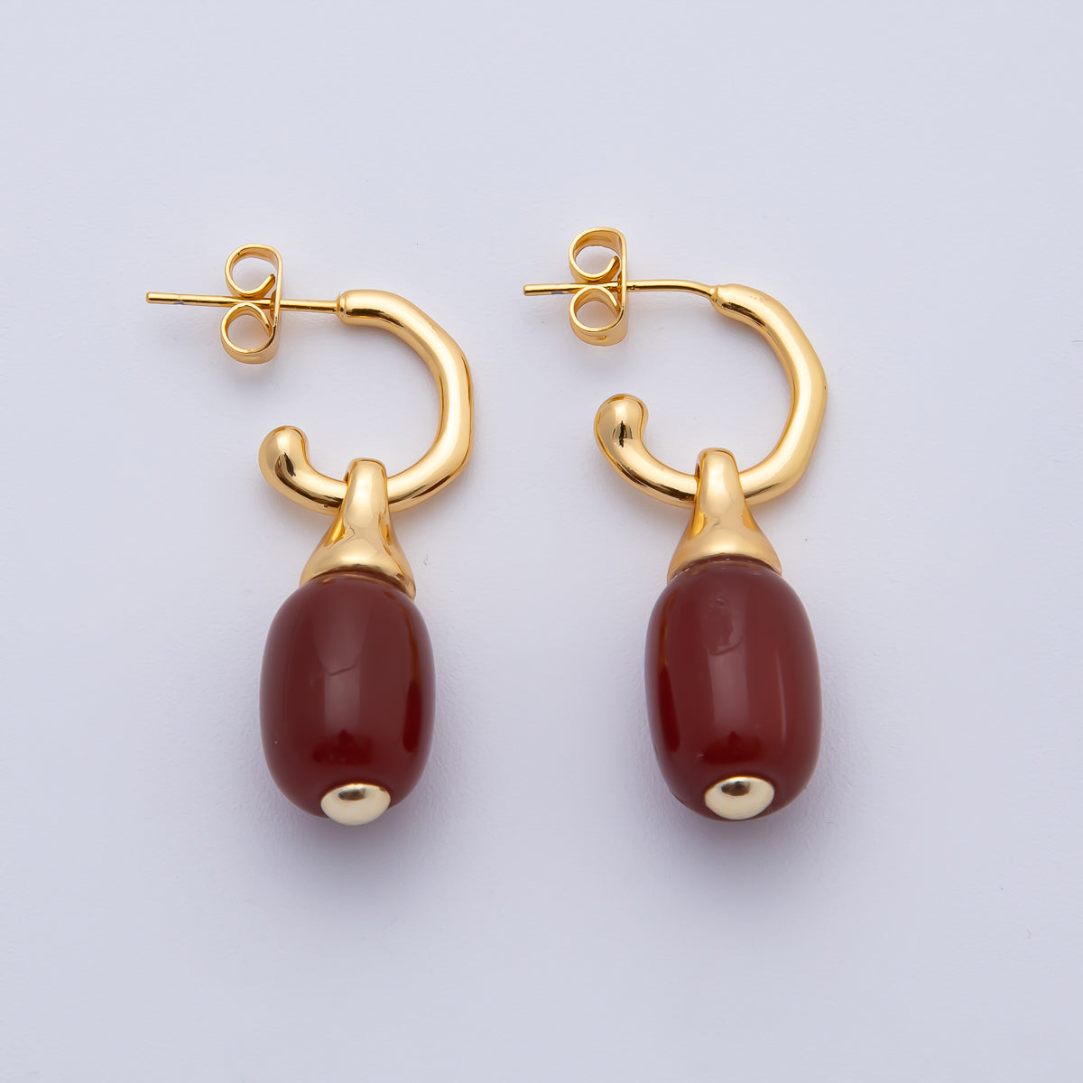18K Gold Filled 35.5mm Bloody Red Gemstone Oval Drop C-Shaped Hoop Earrings | AD1586