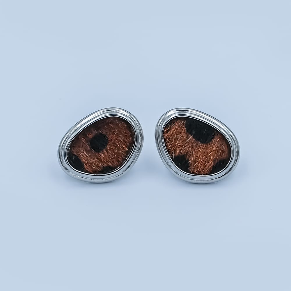 Snow Leopard Print Faux Fur Geometric Bezel Stud Earrings in Gold & Silver | AD1556 AE071