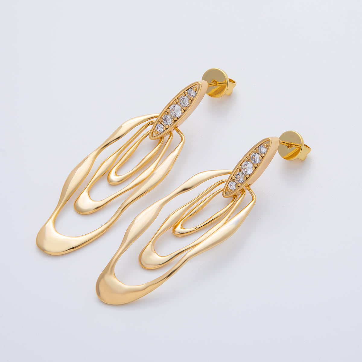 18K Gold Filled 50mm Micro Paved CZ Wavy Molten Oval Drop Stud Earrings | AD1590
