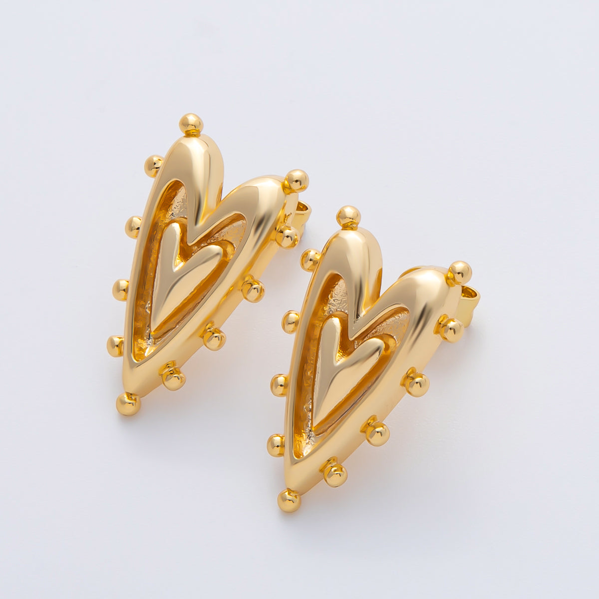 18K Gold Filled 25mm Beaded Double Outline Heart Stud Earrings | AD1591