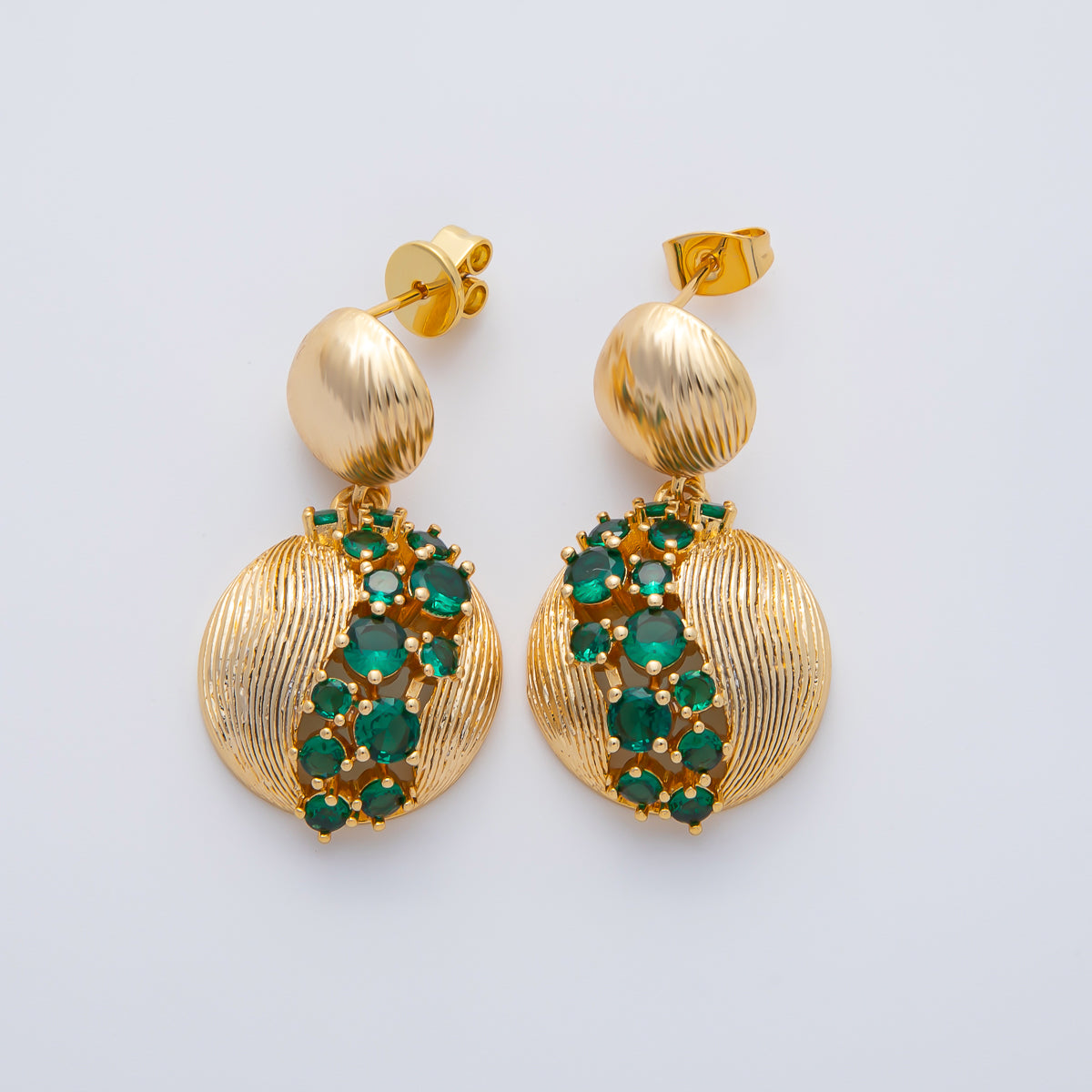18K Gold Filled Clear, Green, Red Cluster CZ Line-Textured Round Drop Stud Earrings | AD1592 ~ AD1594