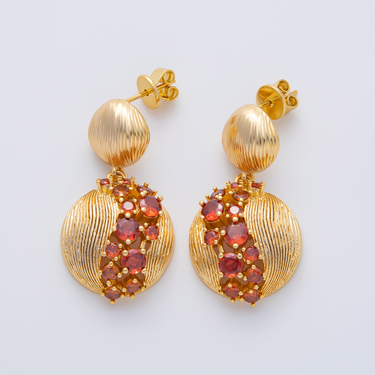 18K Gold Filled Clear, Green, Red Cluster CZ Line-Textured Round Drop Stud Earrings | AD1592 ~ AD1594