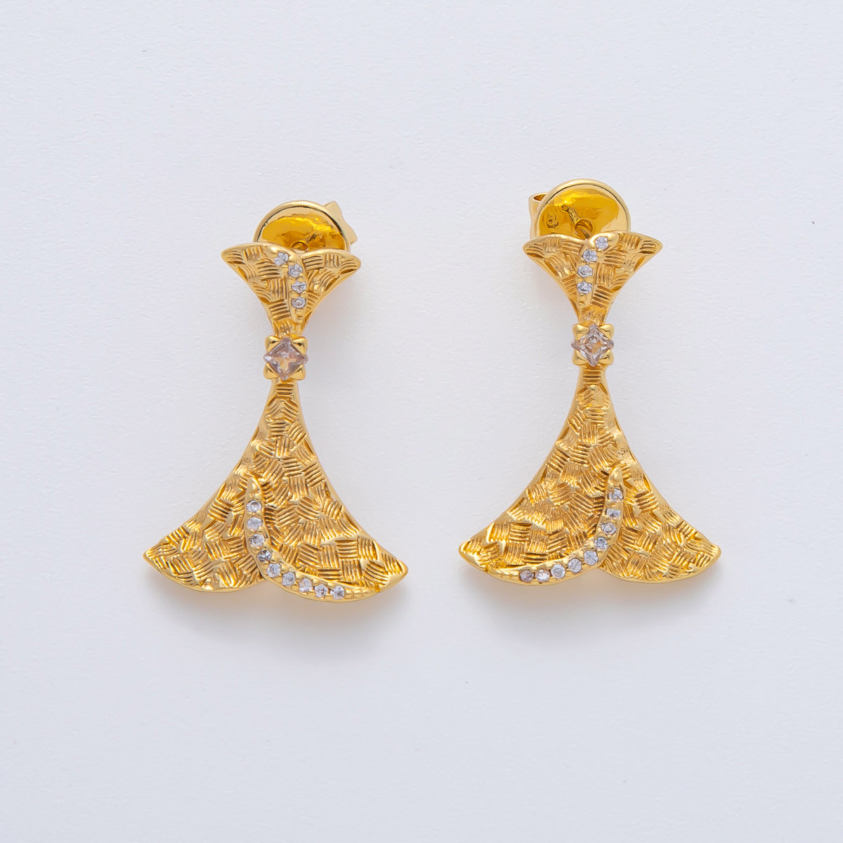 18K Gold Filled 22mm Micro Paved CZ Line-Textured Curved Geometric Drop Stud Earrings | AD1608