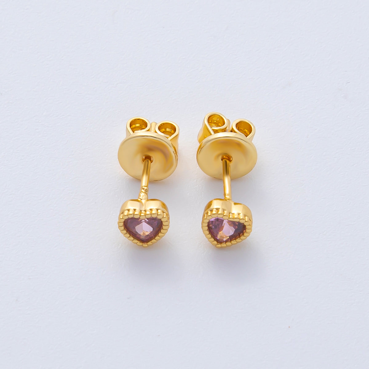 18K Gold Filled 5mm Pink CZ Heart Bezel Dainty Stud Earrings | AD1610