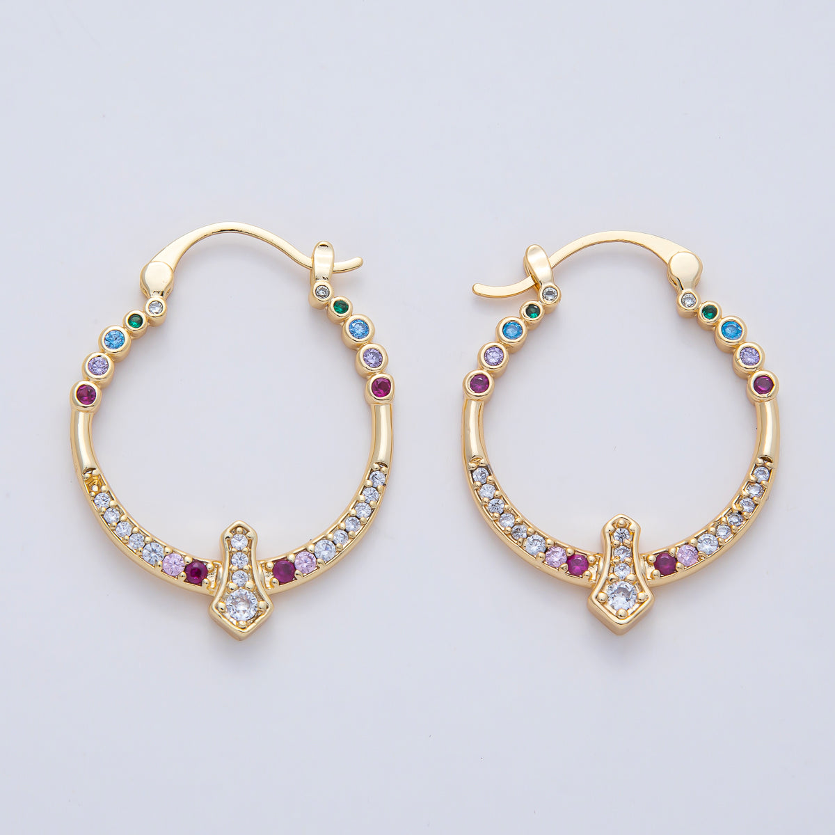 18K Gold Filled 35mm Multicolor Micro Paved CZ Geometric Latch Hoop Earrings | AD1656