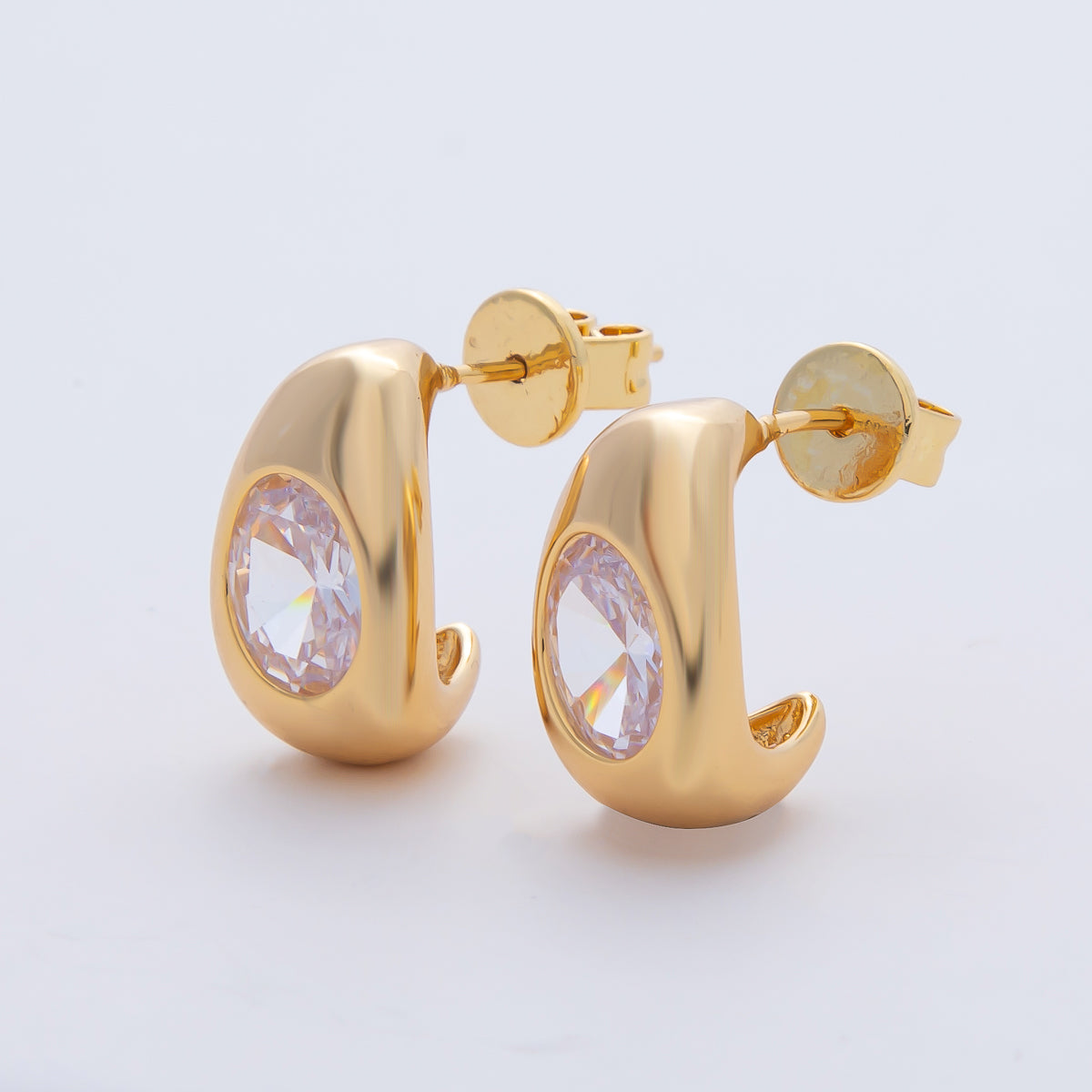 18K Gold Filled 16mm Clear CZ Oval Dome J-Shaped Hoop Earrings | AD1662